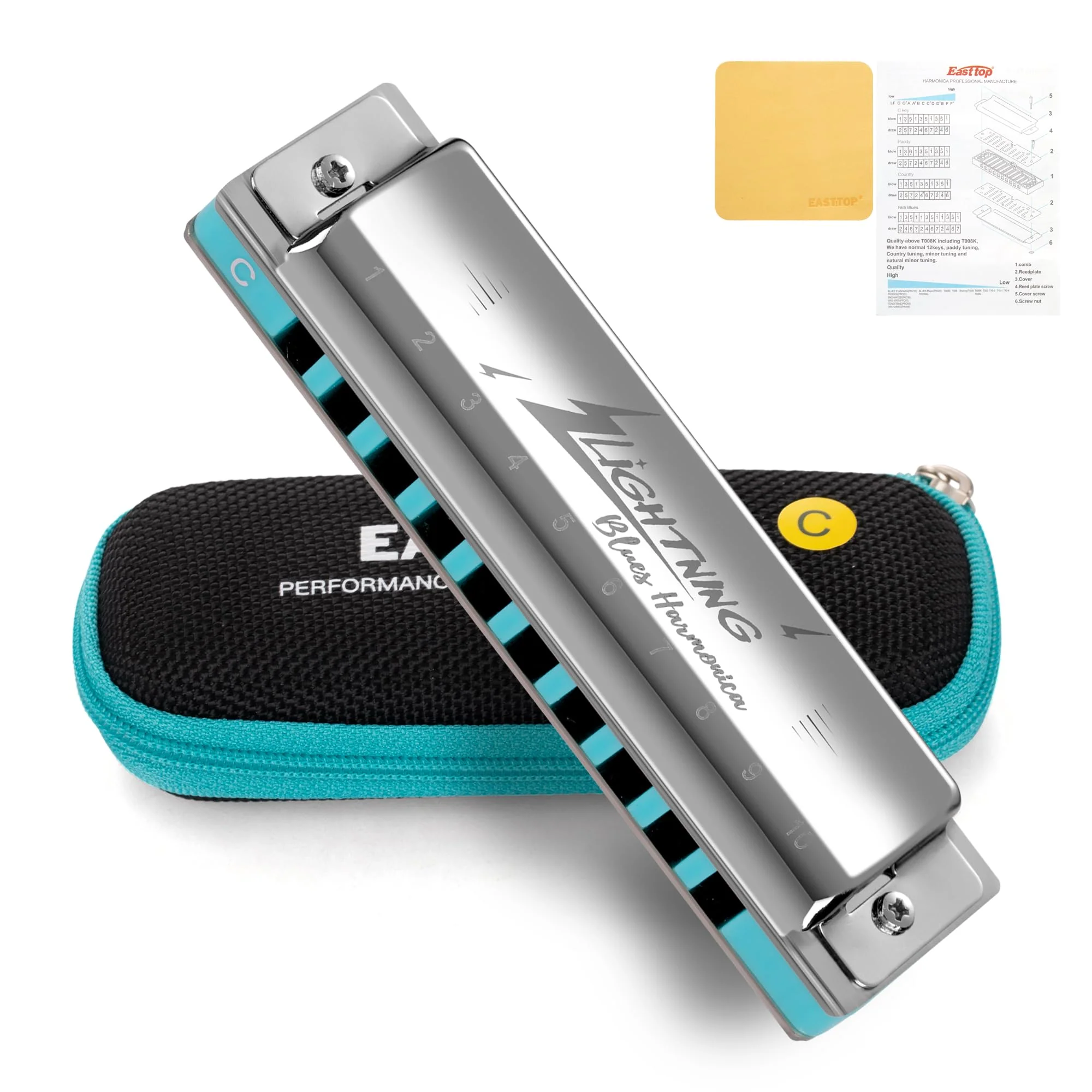 East top Lightning Harmonica, Advanced Diatonic Harmonica Key of C, 10 Holes Mouth Organ Harmonica with Silver Cover, Blues Harmonicas For Adults, Professionals and Students silver-C