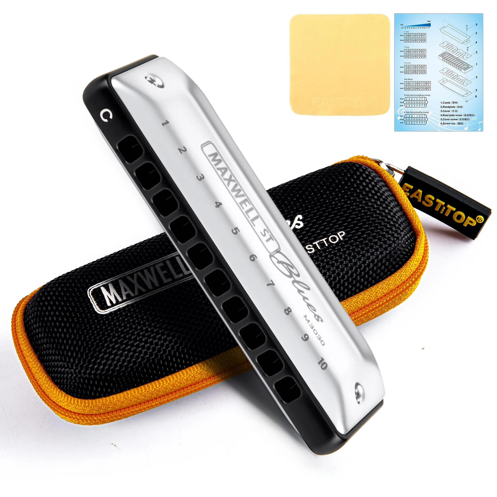 East top MAXWELL ST Blues Harmonica C, Professional Overblow and Bending 10 Holes MS030 Mouth Organ For All Levels Adults, Professional Players and Students MS030-C