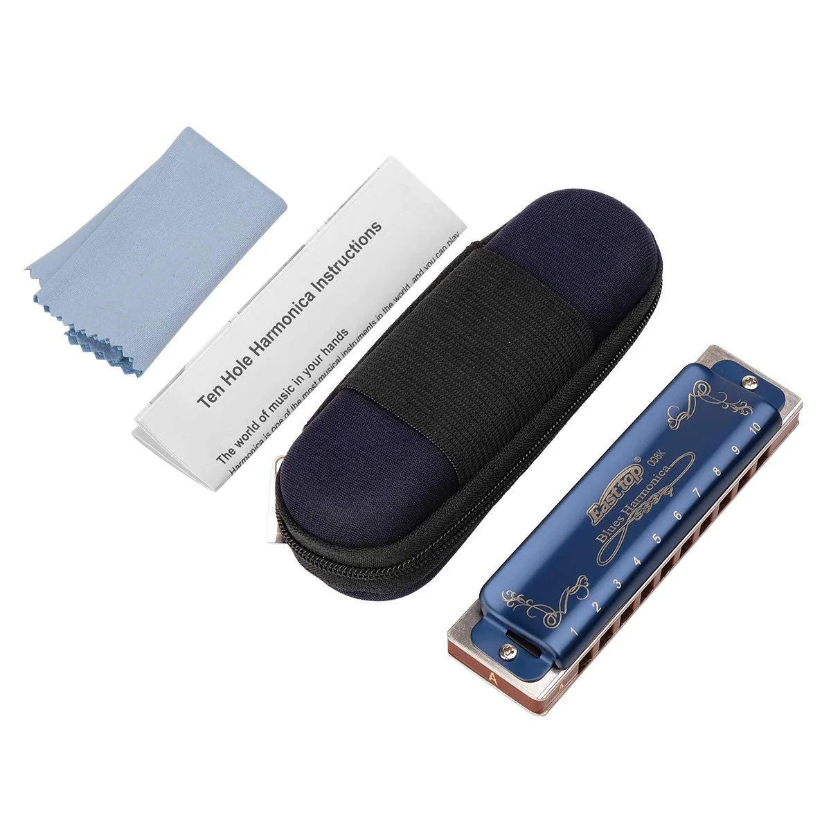 East top Professional Harmonica Blues Key of A 10 Hole 20 Tone Heavy Duty with Case & Cleaning Cloth for Professional Player, Beginner by Eison-East Top,Blue,Best Gift Blue A - Image 2