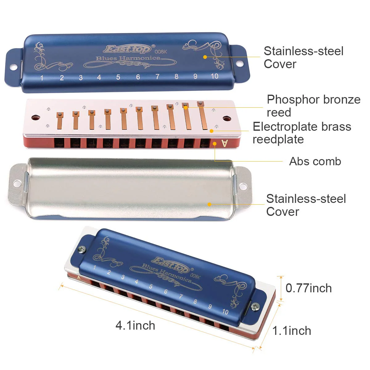 East top Professional Harmonica Blues Key of A 10 Hole 20 Tone Heavy Duty with Case & Cleaning Cloth for Professional Player, Beginner by Eison-East Top,Blue,Best Gift Blue A - Image 5