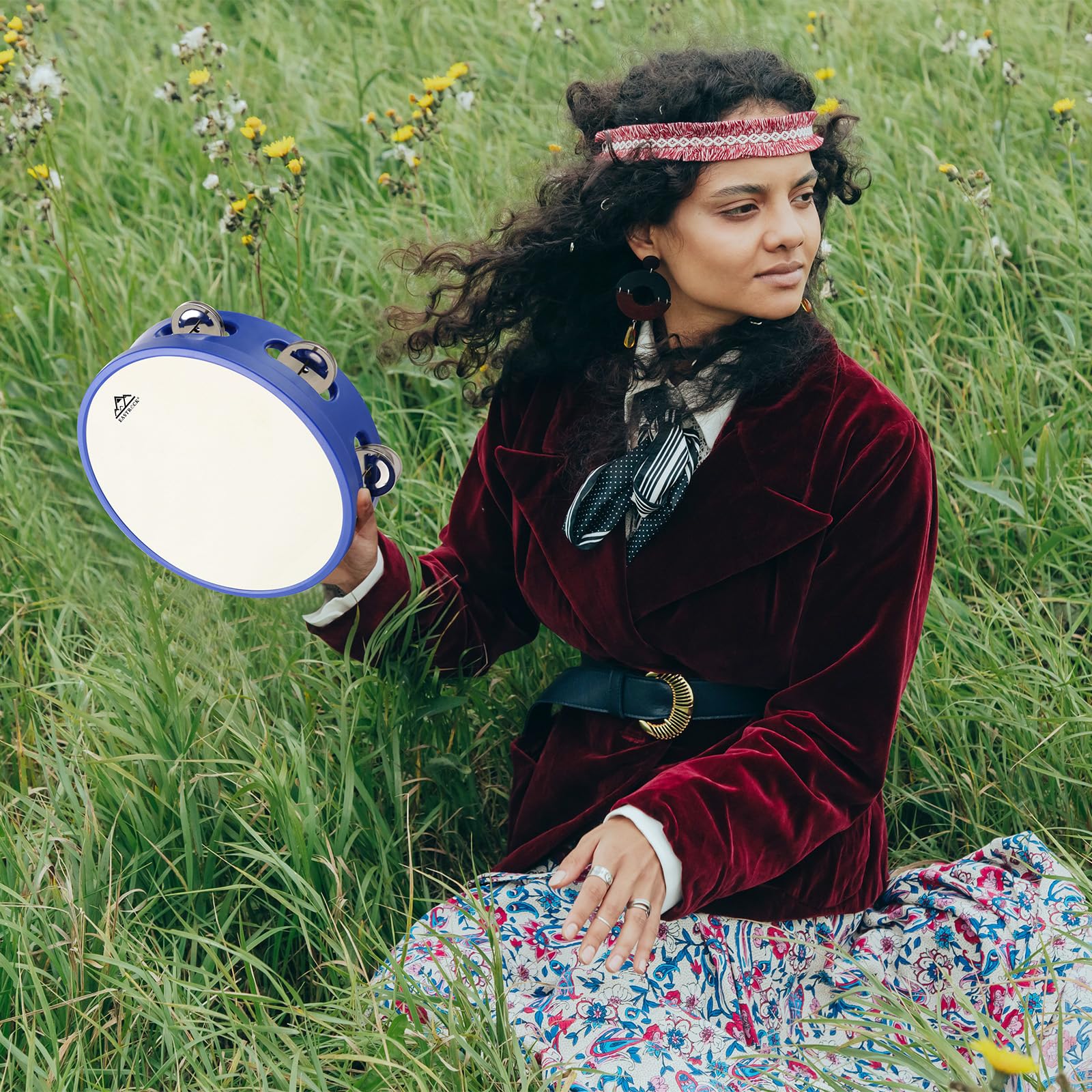 EASTROCK 8 inch Tambourine Hand Held Drum Bell Birch Metal Jingles Percussion Musical Jingles Bell Tambourine Musical Instrument for KTV Party Church Blue - Image 6