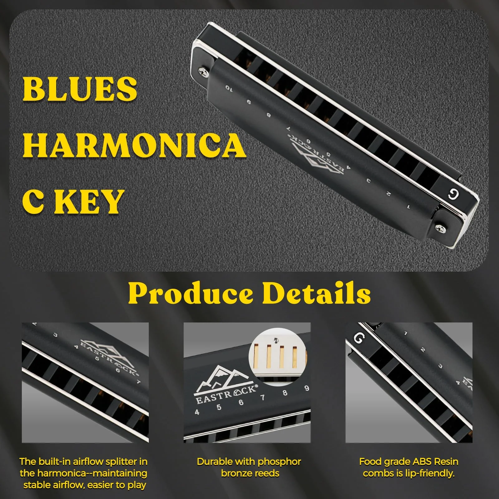 EastRock Harmonica, Blues Harmonica Mouth Organ 10 Hole G Key with Case, Diatonic Harmonica for Professional Player, Beginner, Students, Adult, Friends, Gifts（Matte Black Finish） update10hole-G - Image 3