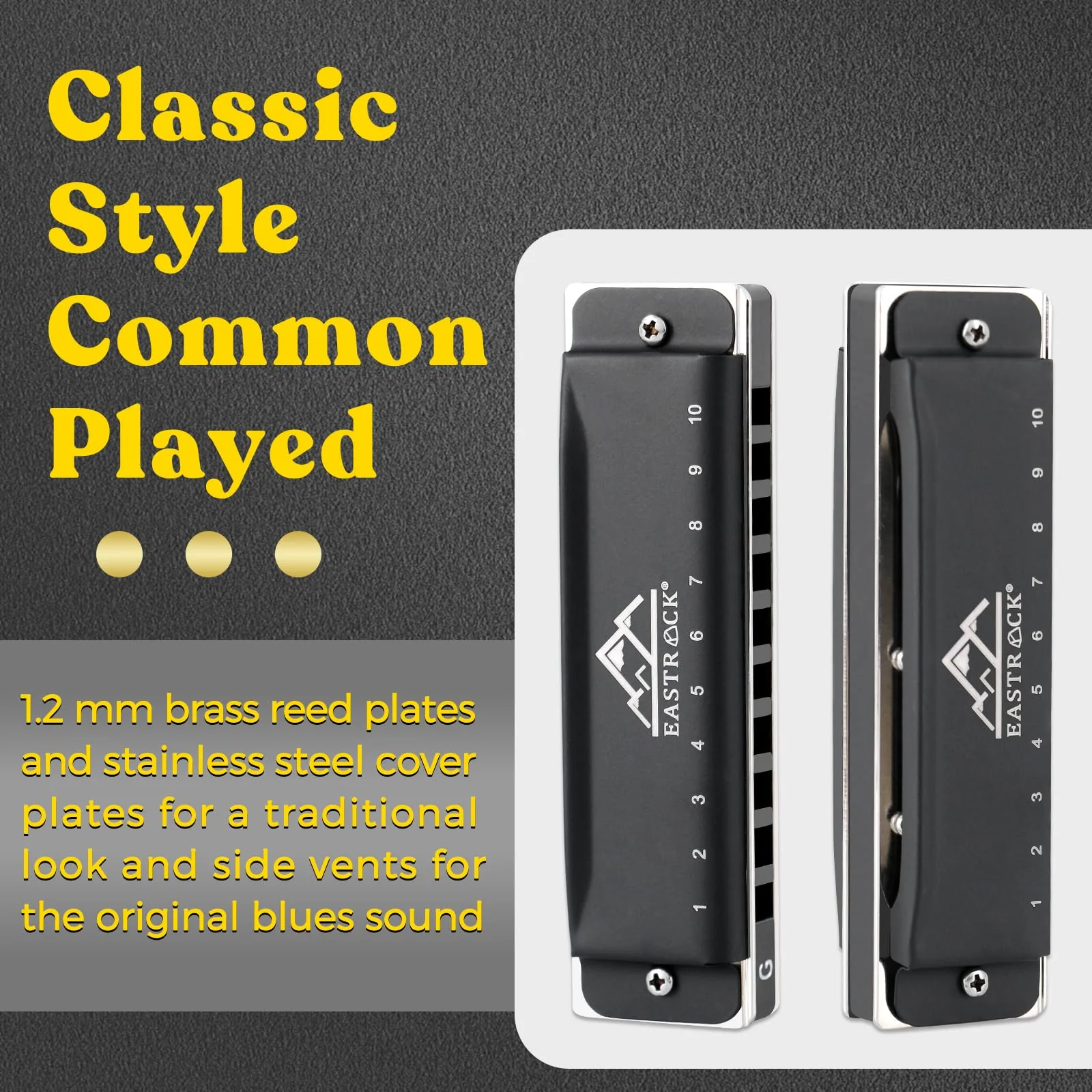 EastRock Harmonica, Blues Harmonica Mouth Organ 10 Hole G Key with Case, Diatonic Harmonica for Professional Player, Beginner, Students, Adult, Friends, Gifts（Matte Black Finish） update10hole-G - Image 4