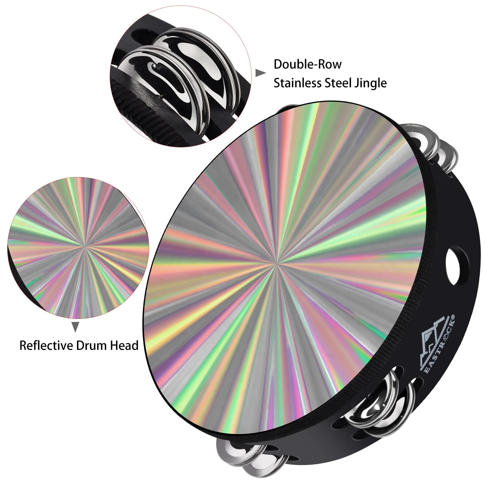 EASTROCK Radiant Tambourine Hand Held Drum 8 Inch Double Row Jingles Reflective Tambourine Musical Instrument for Kids Adults Church KTV Party?2Packs) 8 inch-D - Image 3