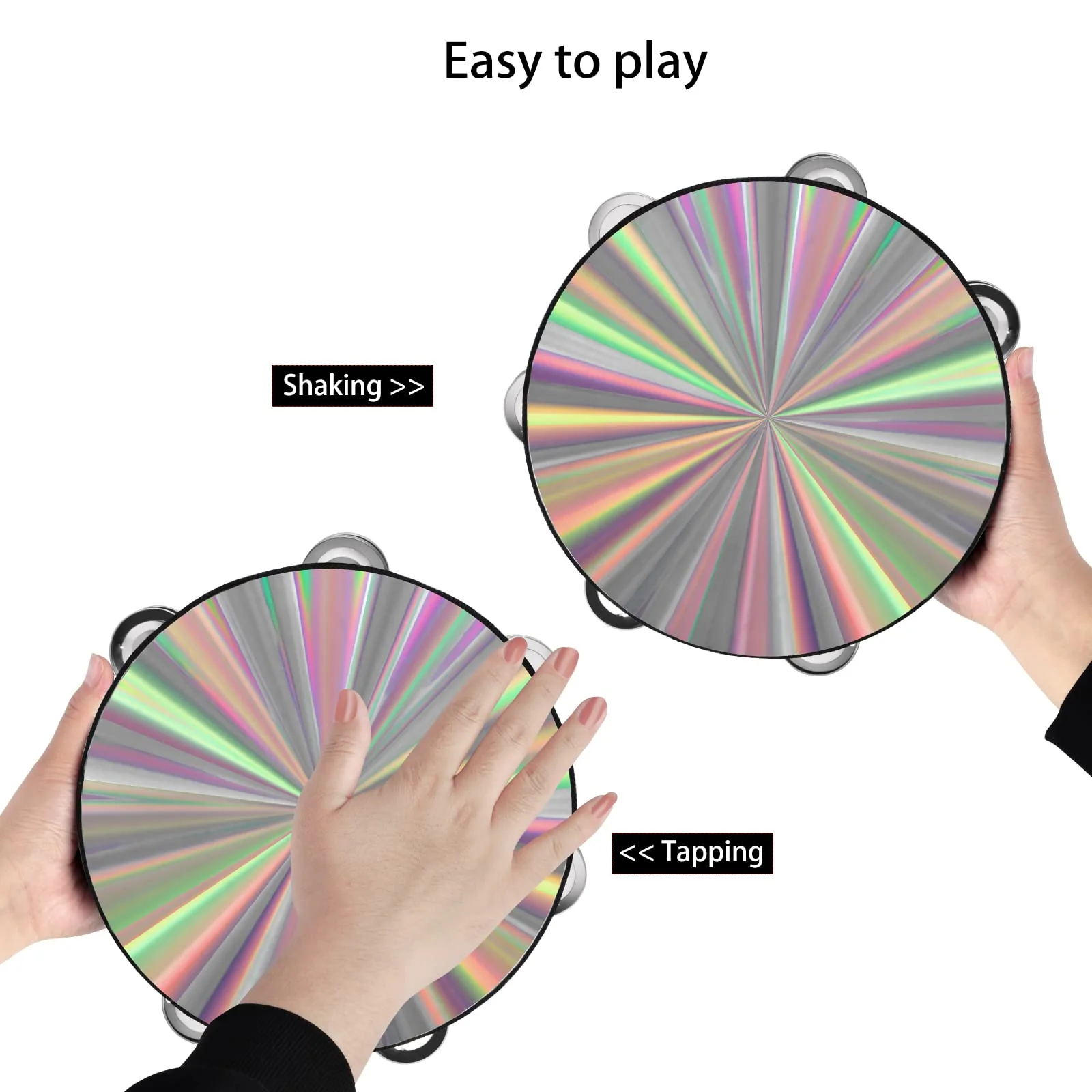 EASTROCK Radiant Tambourine Hand Held Drum 8 Inch Double Row Jingles Reflective Tambourine Musical Instrument for Kids Adults Church KTV Party?2Packs) 8 inch-D - Image 4