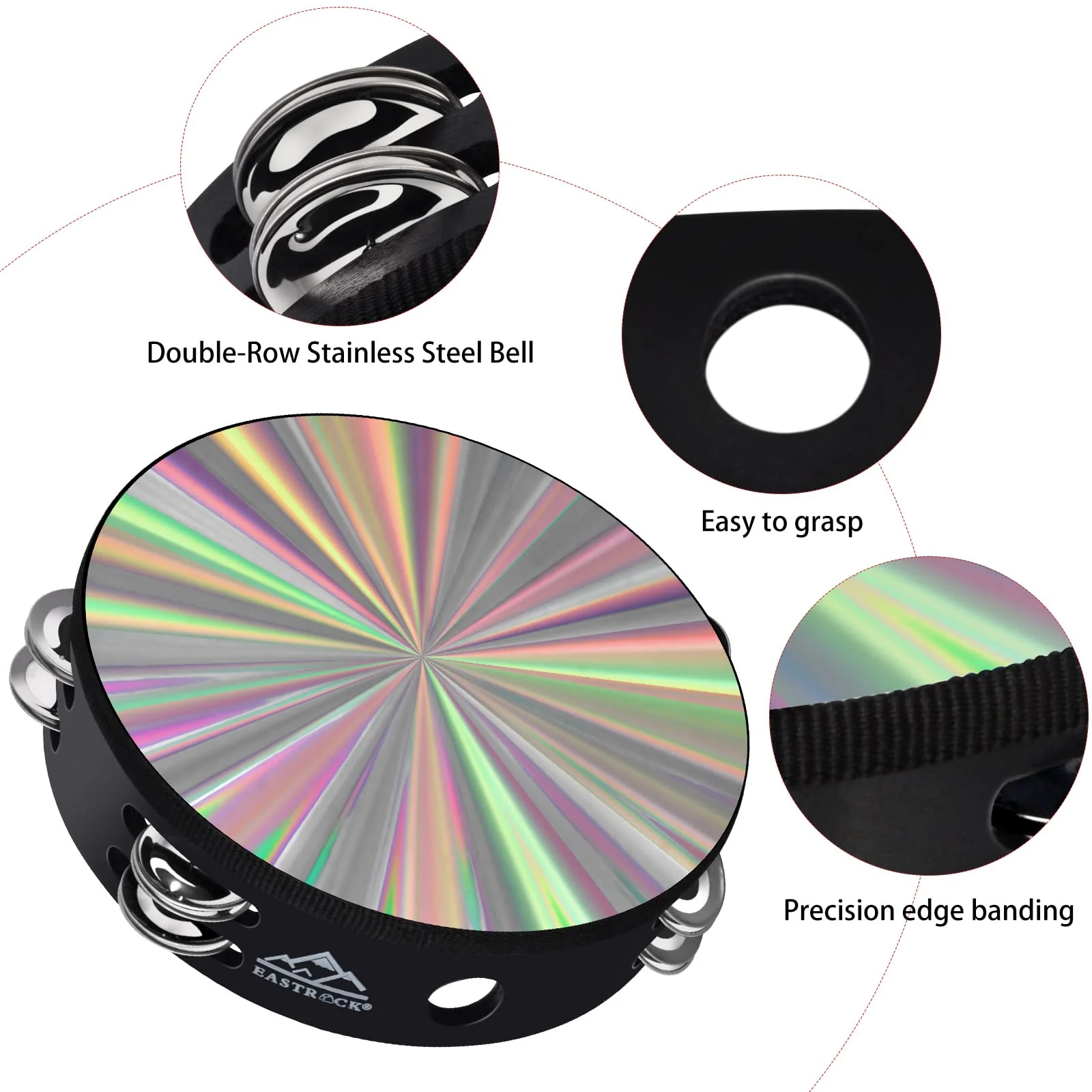 EASTROCK Radiant Tambourine Hand Held Drum 8 Inch Double Row Jingles Reflective Tambourine Musical Instrument for Kids Adults Church KTV Party?2Packs) 8 inch-D - Image 5