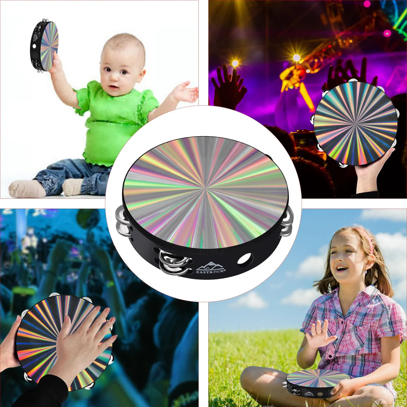 EASTROCK Radiant Tambourine Hand Held Drum 8 Inch Double Row Jingles Reflective Tambourine Musical Instrument for Kids Adults Church KTV Party?2Packs) 8 inch-D - Image 6
