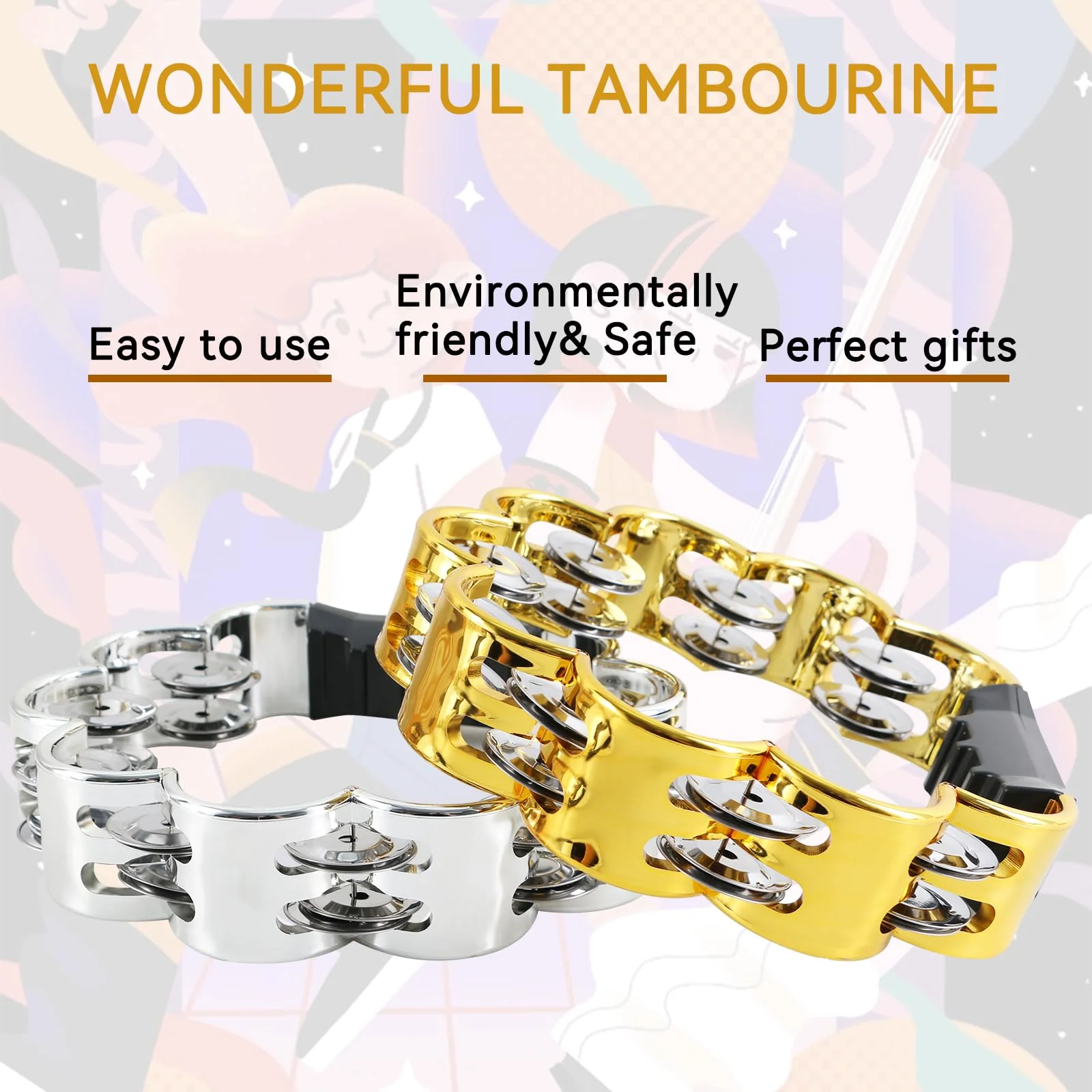 EastRock Tambourine,Metal Jingles Hand Held Percussion Flower Tambourine and Egg Shakers for Kids, Adults, KTV, Party FTam-1-GS - Image 3