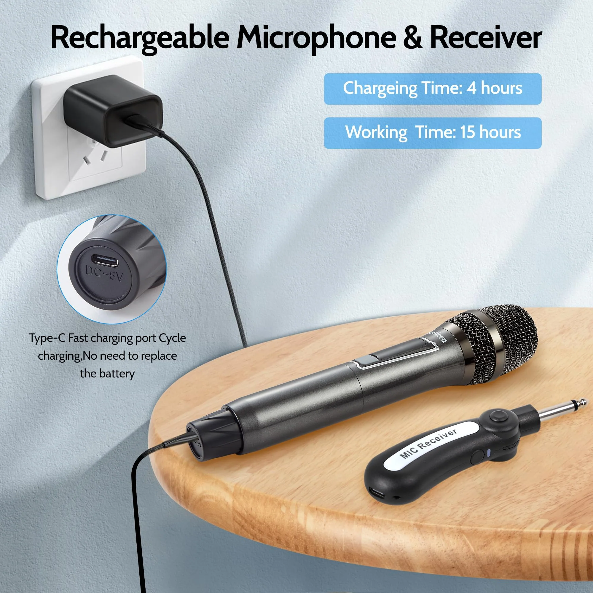 Easy Install Wireless Microphone, No Delay Handheld Microphone System with Rechargeable Receiver, Suitable for Singing, Teaching, Church, Weddings, and DJ Events (Black, 1 Microphone) - Image 3