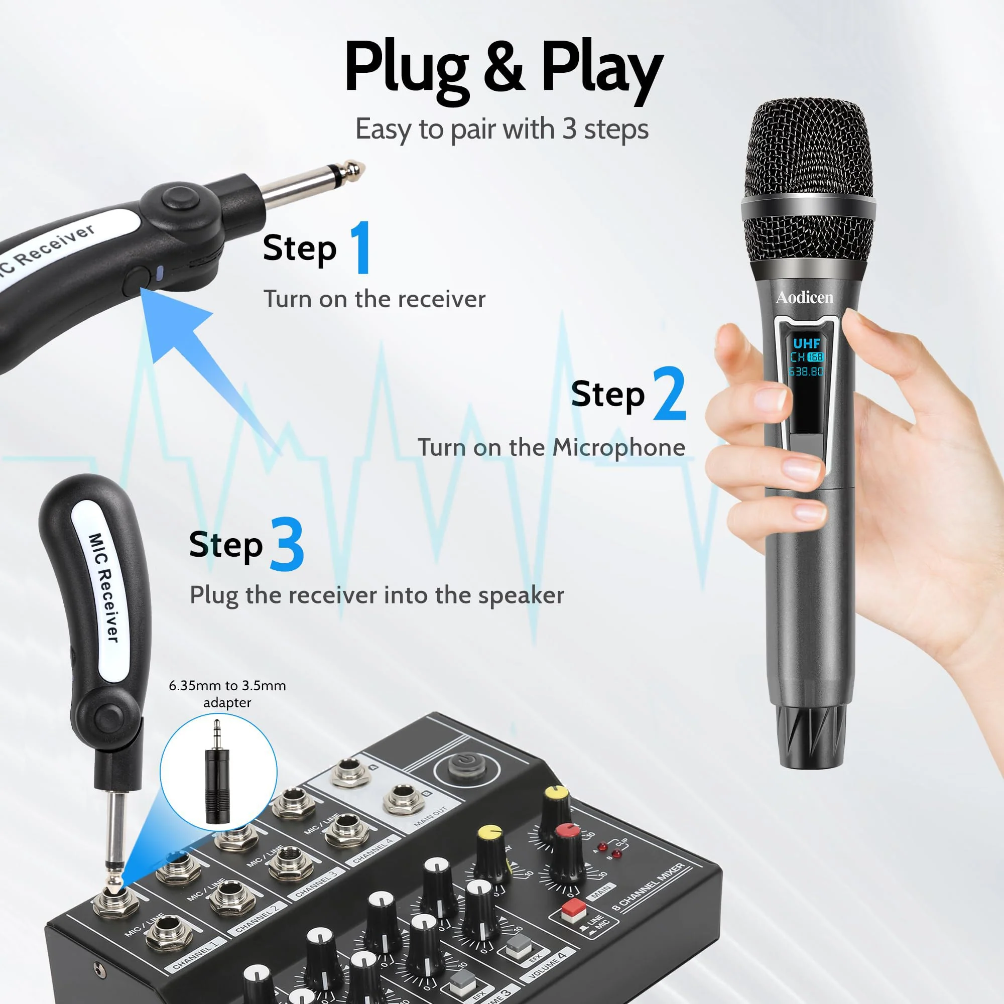 Easy Install Wireless Microphone, No Delay Handheld Microphone System with Rechargeable Receiver, Suitable for Singing, Teaching, Church, Weddings, and DJ Events (Black, 1 Microphone) - Image 4
