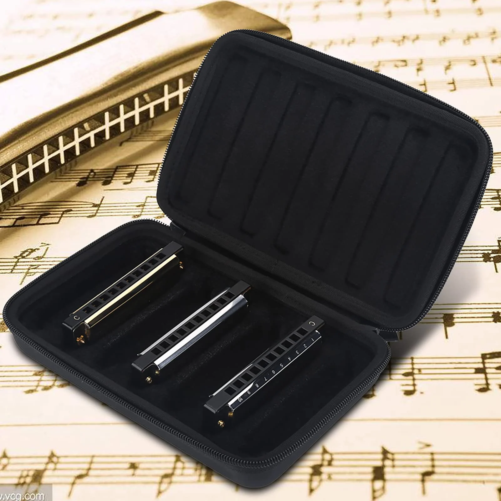 eboxer-1 Harmonica Carry Case, PU Leather Zippered Pouch for Harmonica, Harmonicas Storage Case Can Hold 7 Harmonicas, Black - Image 2