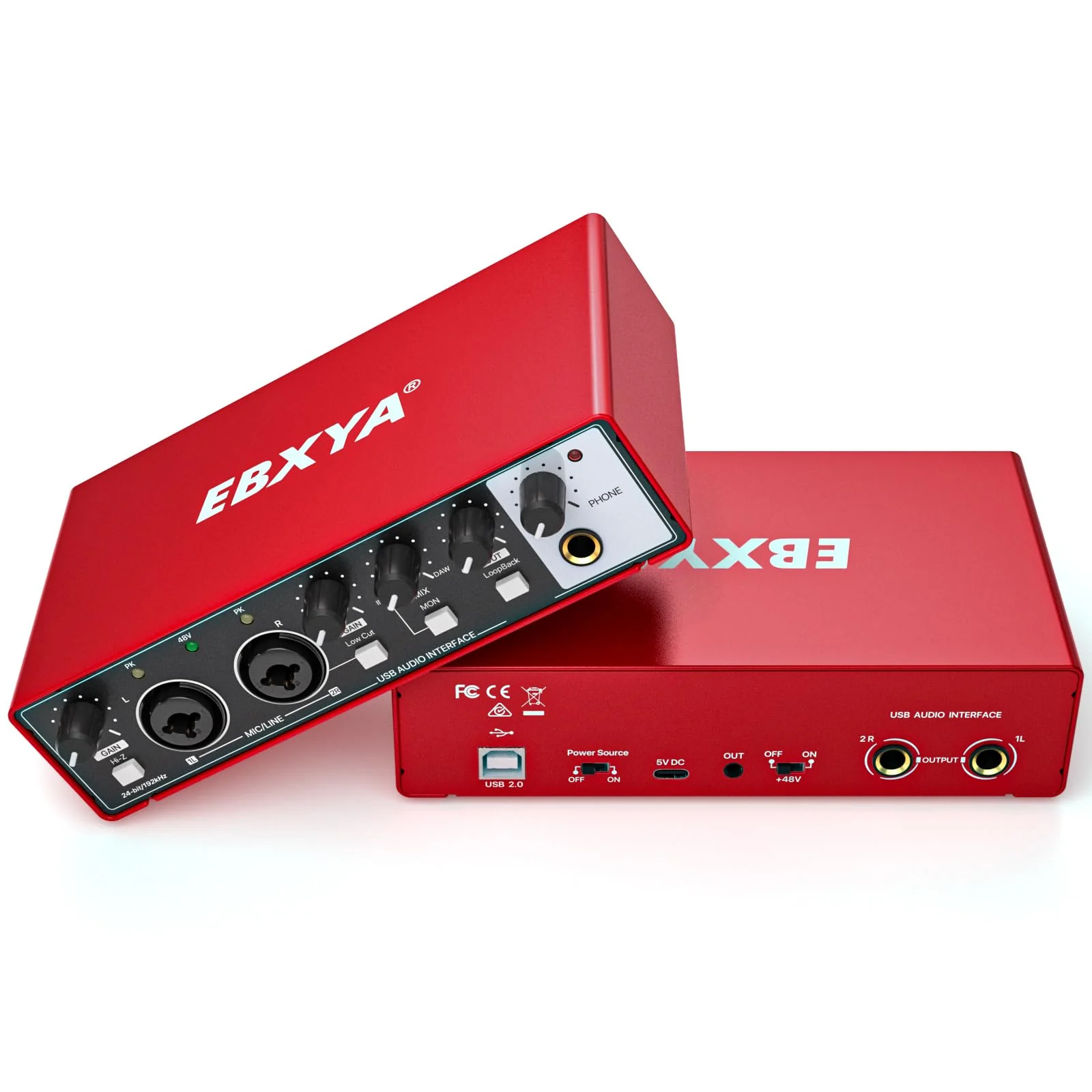 EBXYA 2i2 USB Audio Interface for PC Recording, 24-bit/192kHz Plug and Play USB Interface +48V Phantom Power for Music, Studio, Guitar, Podcast, Streaming(Metallic Red) Audio Interface-Red