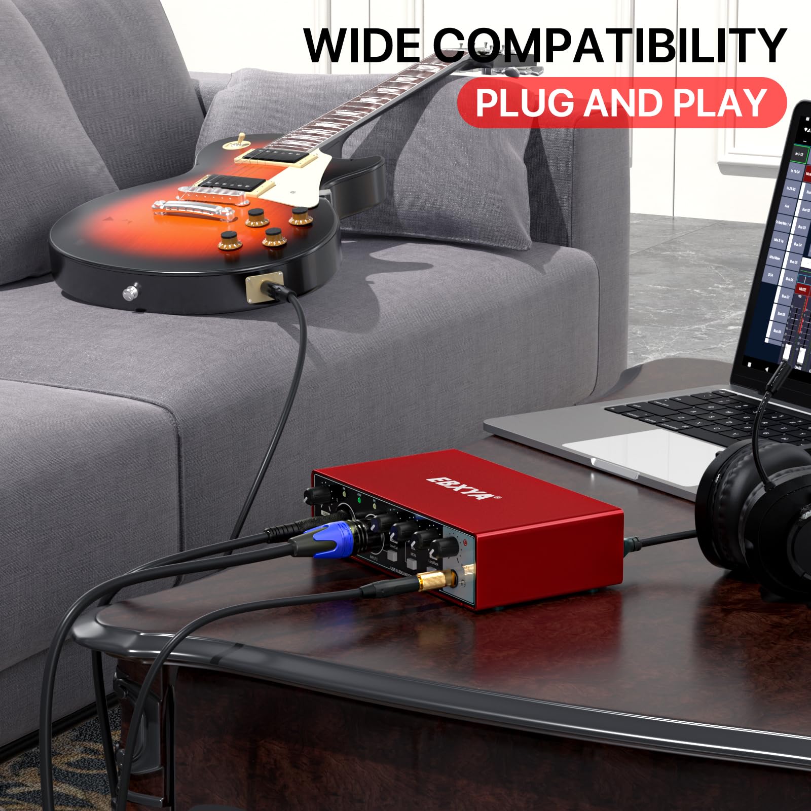 EBXYA 2i2 USB Audio Interface for PC Recording, 24-bit/192kHz Plug and Play USB Interface +48V Phantom Power for Music, Studio, Guitar, Podcast, Streaming(Metallic Red) Audio Interface-Red - Image 3