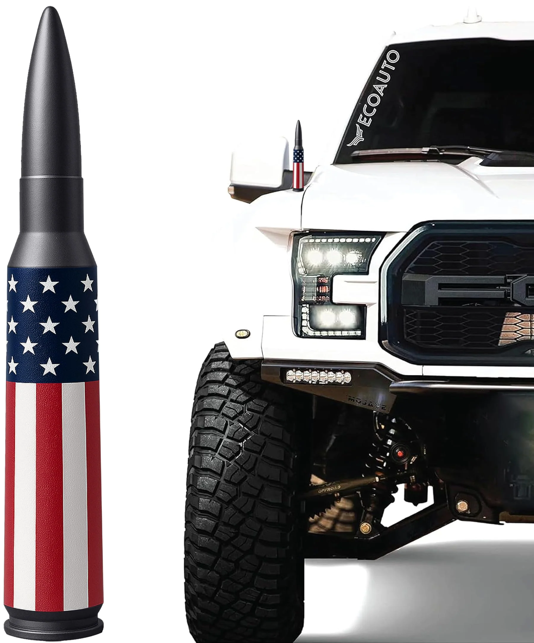 EcoAuto Bullet Antenna Replacement for Dodge Ram & Ford F150 F250 F350 Super Duty Ford Raptor Bronco Trucks - Anti-Theft Design - Radio Antenna for Truck 1990 - Current (American Flag) American Flag