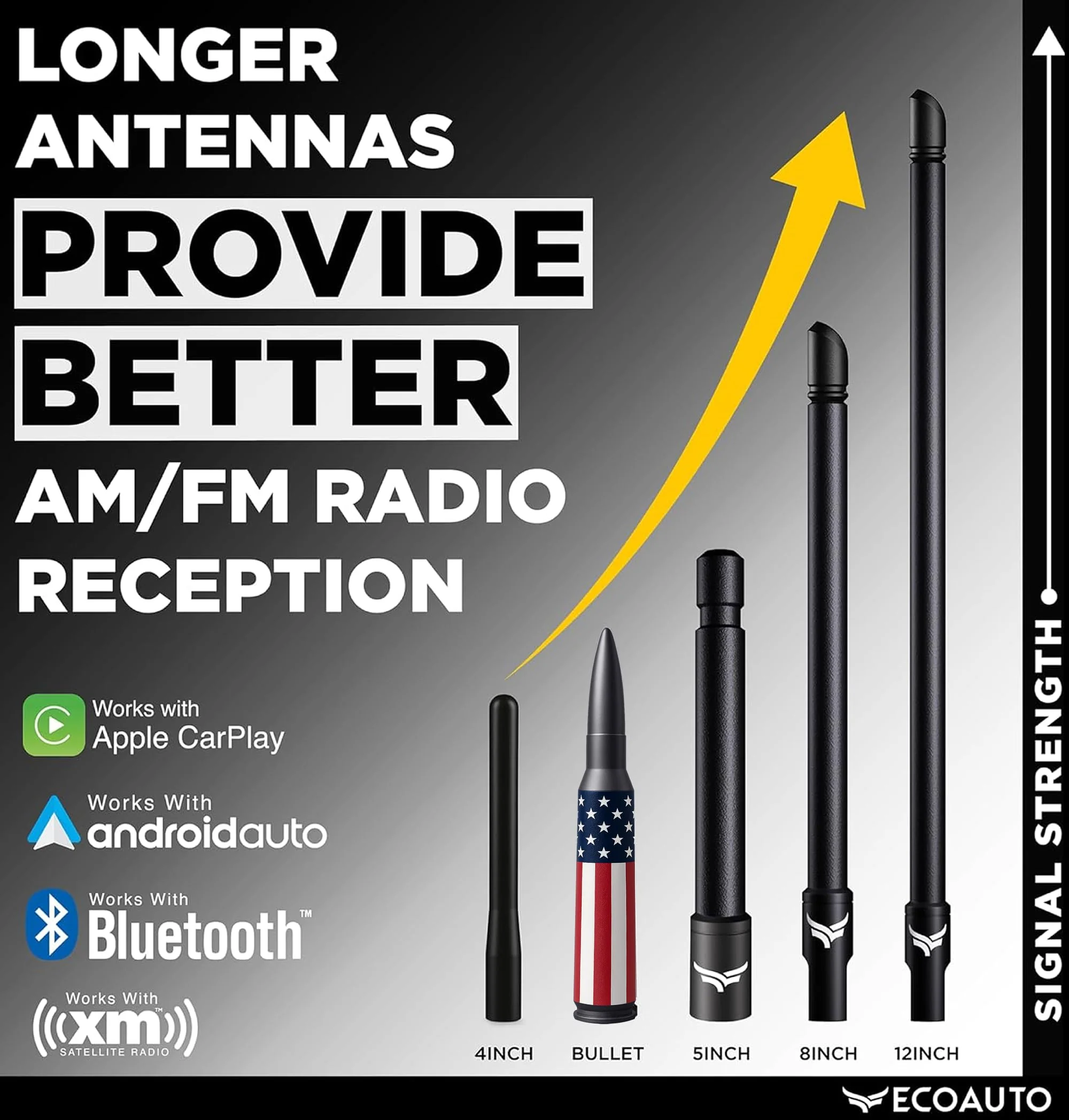 EcoAuto Bullet Antenna Replacement for Dodge Ram & Ford F150 F250 F350 Super Duty Ford Raptor Bronco Trucks - Anti-Theft Design - Radio Antenna for Truck 1990 - Current (American Flag) American Flag - Image 7