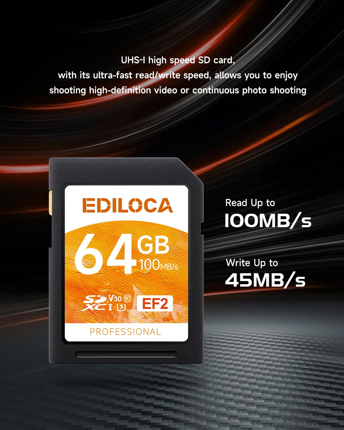 EF2_64GB UHS-I SD Card UHS-I Memory Card Fast Storage, Read Speed 100MB/s, Write Speed 50MB/s, C10, U3, V30, Full-HD & 4K Video, SD Card, Must-Have for Professional Photographers 64GB EF2 -100MB/s - Image 2