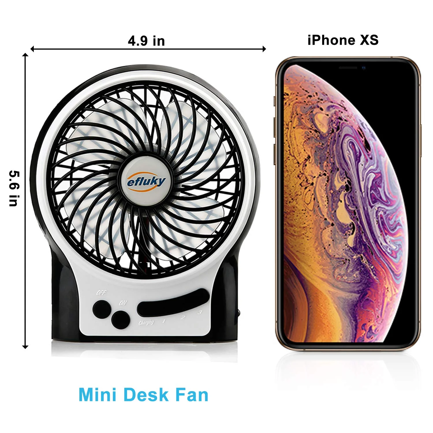 efluky 3 Speeds Mini Desk Fan, Rechargeable Battery Operated Fan with LED Light and 2200mAh Battery, Portable USB Fan Quiet for Home, Office, Travel, Camping, Outdoor, Indoor Fan, 4.9-Inch, Black - Image 2