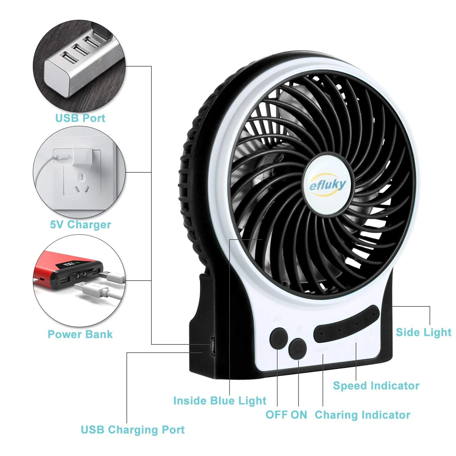efluky 3 Speeds Mini Desk Fan, Rechargeable Battery Operated Fan with LED Light and 2200mAh Battery, Portable USB Fan Quiet for Home, Office, Travel, Camping, Outdoor, Indoor Fan, 4.9-Inch, Black - Image 5
