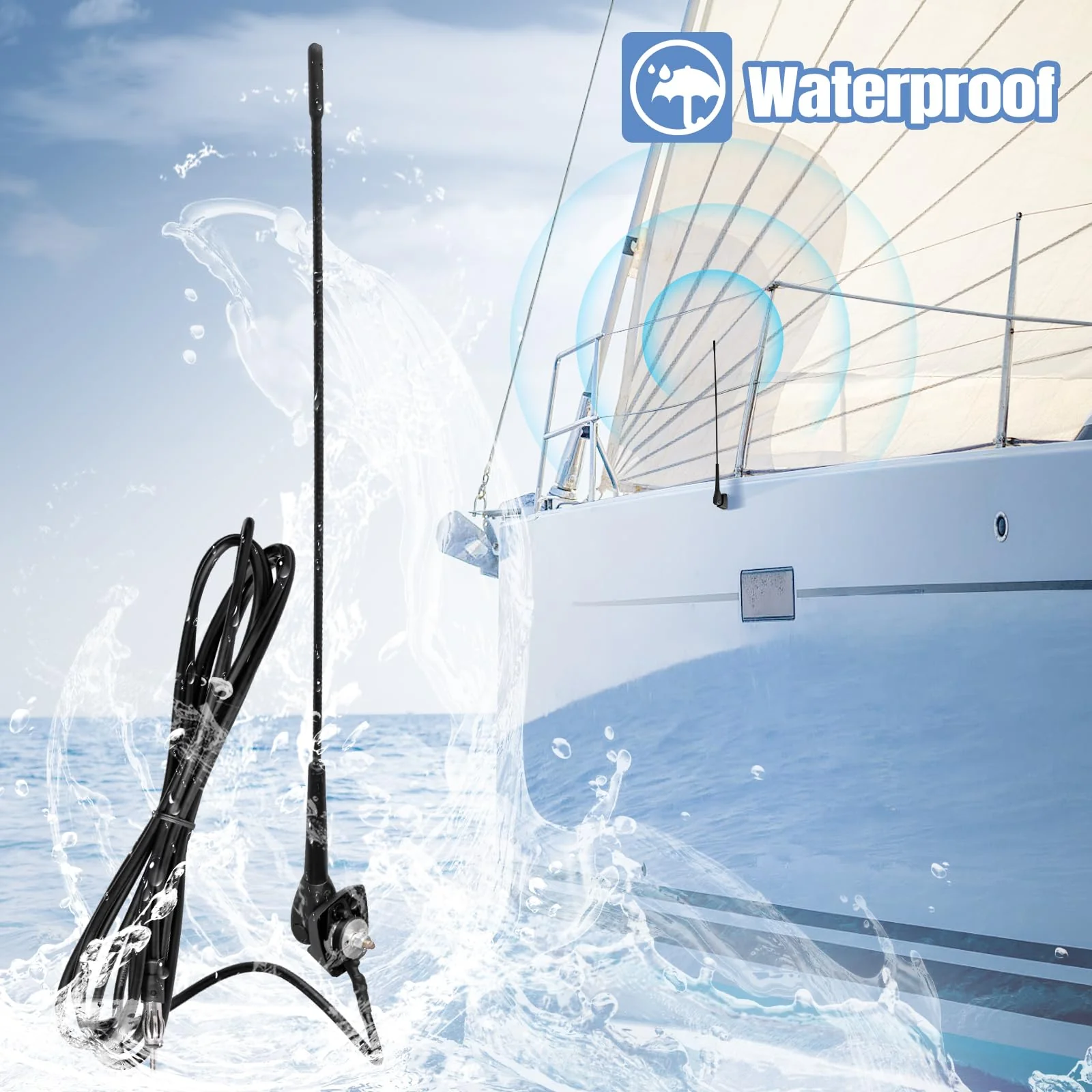Eightwood Waterproof Marine Boat Radio Antenna 18 Inch, AM/FM Stereo Antenna Mast Replacement with Mount Base for Boat Car Tractor RV ATV UTV Motorcycle Yacht Pontoon 18in radio antenna - Image 2