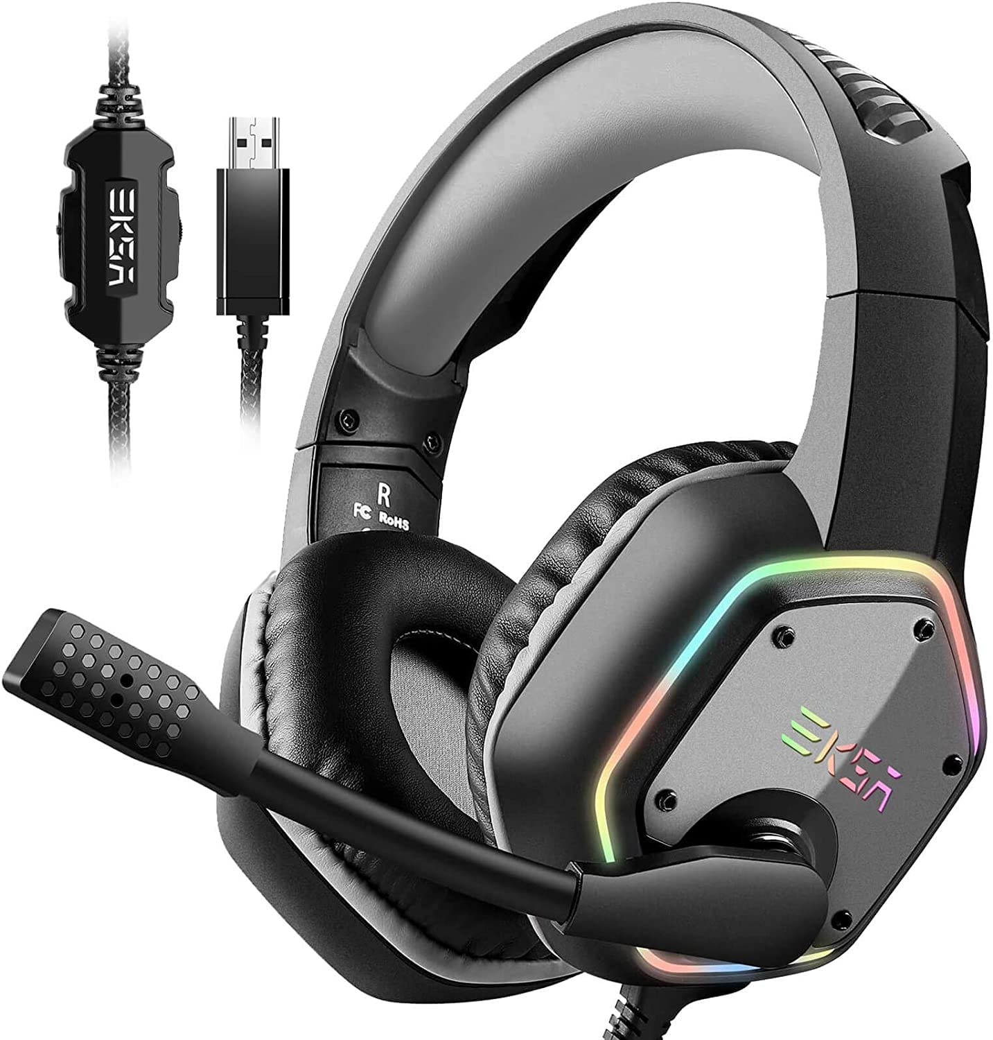 EKSA E1000 USB Gaming Headset for PC, Computer Headphones with Microphone/Mic Noise Cancelling, 7.1 Surround Sound, RGB Light - Wired Headphones for PS4, PS5 Console, Laptop, Call Center Grey
