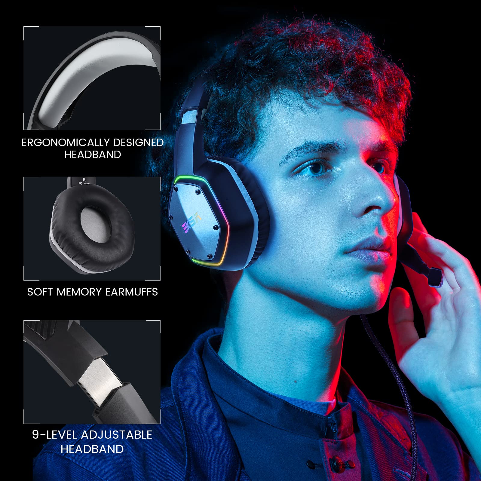 EKSA E1000 USB Gaming Headset for PC, Computer Headphones with Microphone/Mic Noise Cancelling, 7.1 Surround Sound, RGB Light - Wired Headphones for PS4, PS5 Console, Laptop, Call Center Grey - Image 8