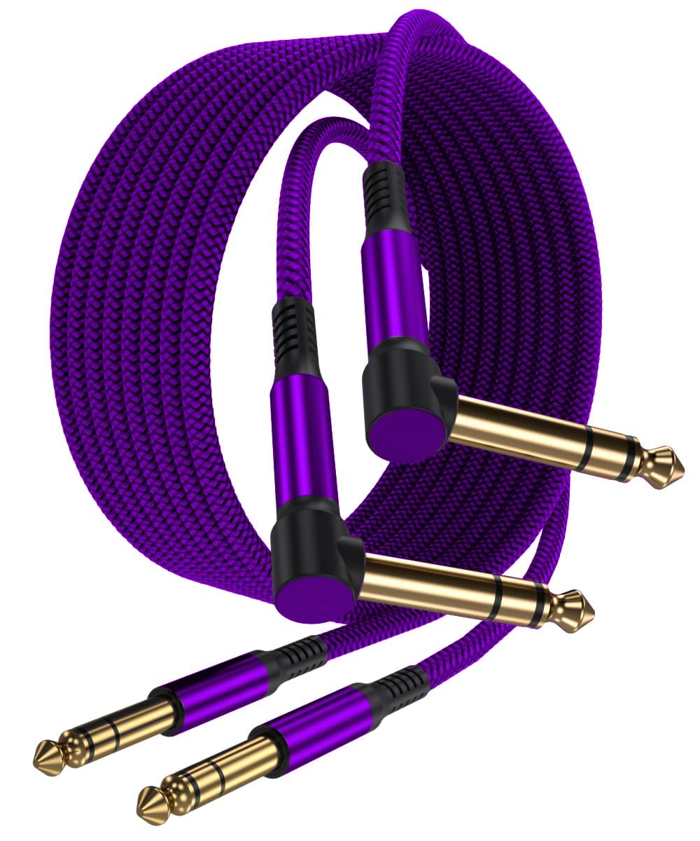 Elebase 1/4 Inch TRS Instrument Cable 10ft 2-Pack,Right-Angled to Straight 6.35mm Male Jack Stereo Audio Cord,6.35 Balanced Interconnect Line for Electric Guitar,Bass,Keyboard,Mixer,Amplifier,Speaker 10FT/3M Purple