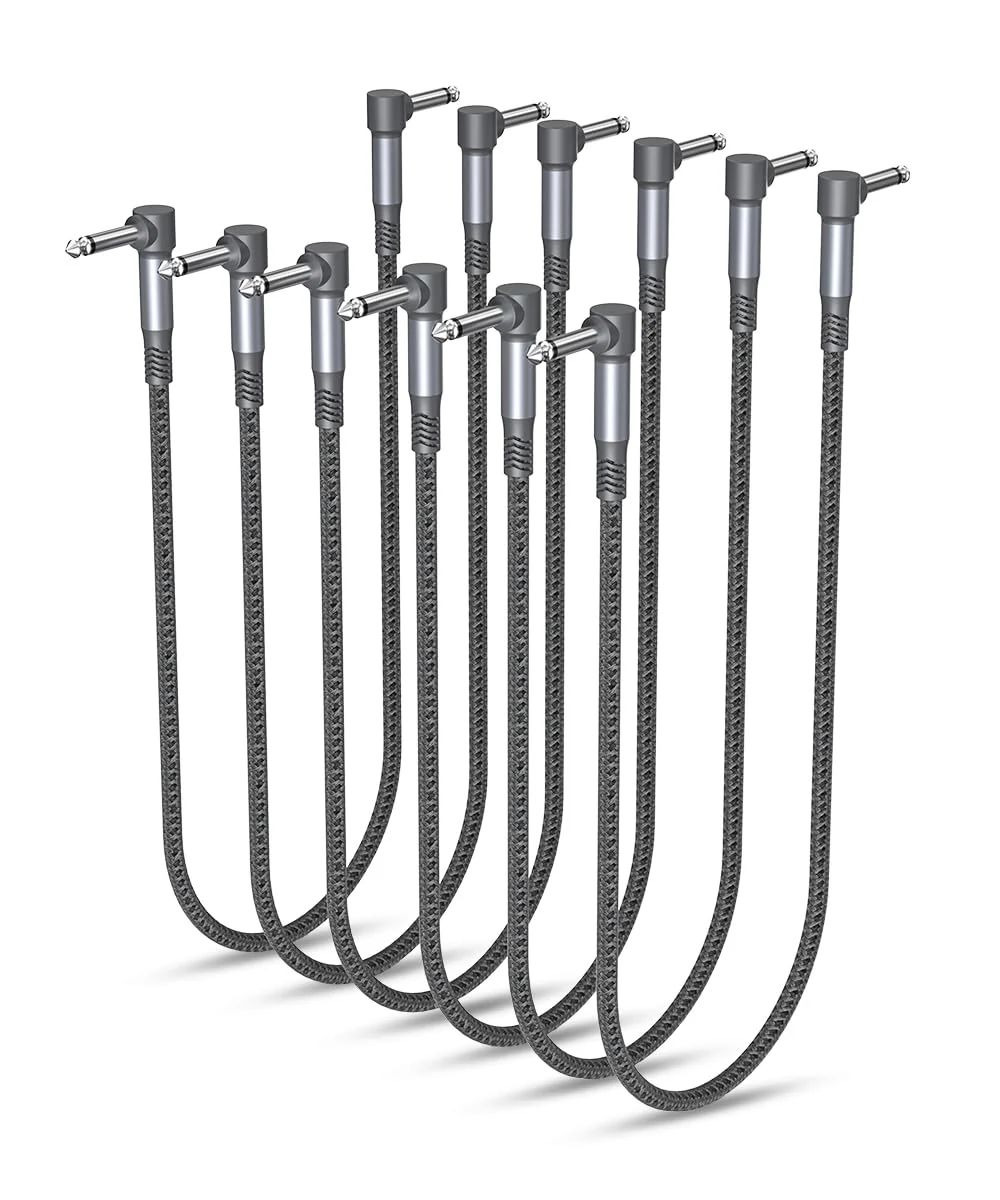 Elebase Guitar Pedal Patch Cables 6-Pack,24 Inch 6.35MM Effects Pedal Board Cord 1/4'' Right-Angle Braided Flat Audio Cable Shielded TS Copper Male Connector for Microphone Amp/Amplifier Mixer 24 Inch/0.6M Grey