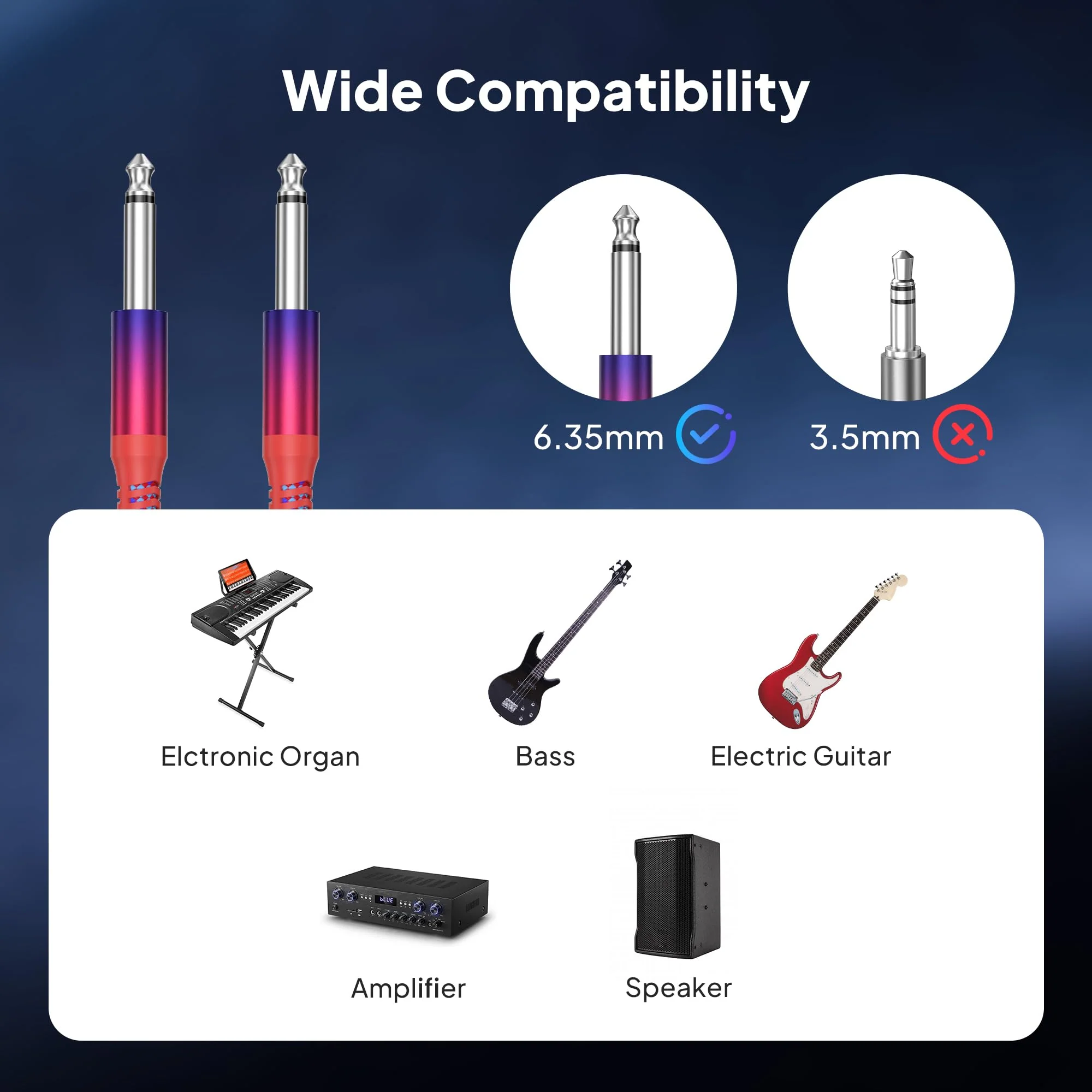 Elebase TS Guitar Cord 9M/30FT 2Pack,Rainbow 1/4 inch Male to 6.35mm Male Bass Cable,Straight Quarter Inch Audio Accessories for Keyboard,AMP,Pedals,Electric Guitar,Equalizer,Speaker 30FT/9M Straight - Image 6