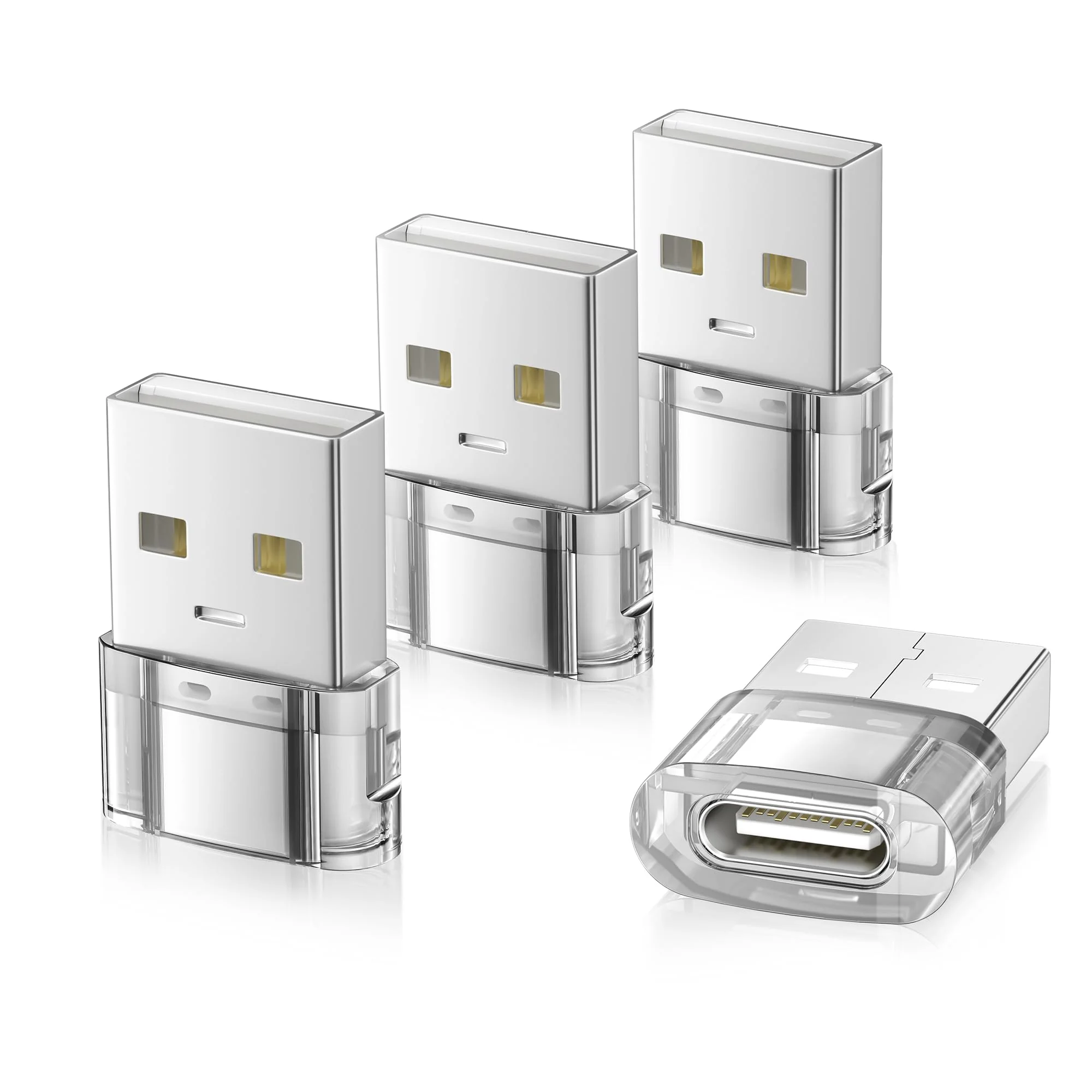 Elebase USB to USB C Adapter 4 Pack,Transparent Type-C Female to A Male Car Charger Converter for New iPhone 16 Pro Max Plus 15 14 13,Apple Watch 10 9 8,Airpods,iPad Air 5 Mini 6 7,Samsung S24 Ultra
