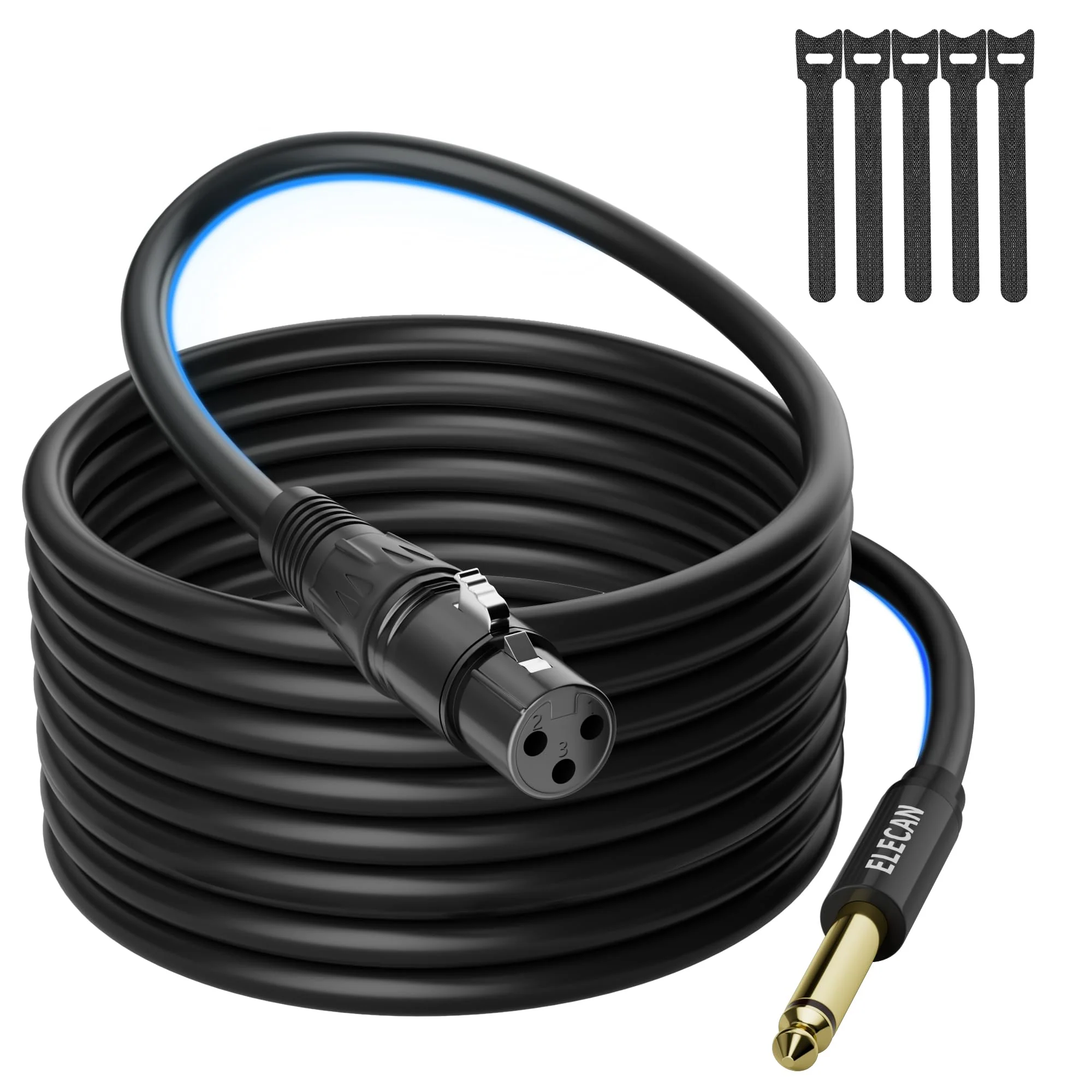 Elecan 50 Ft XLR Female to 1/4 inch 6.35mm TS Mono Jack Microphone Cable, Unbalanced Interconnect Mic Audio Cord, Durable&Flexible&Firm Connection for Dynamic Mic Console Guitar Mixer AMP+5 Ties 50FT XLR Female to 6.35mm