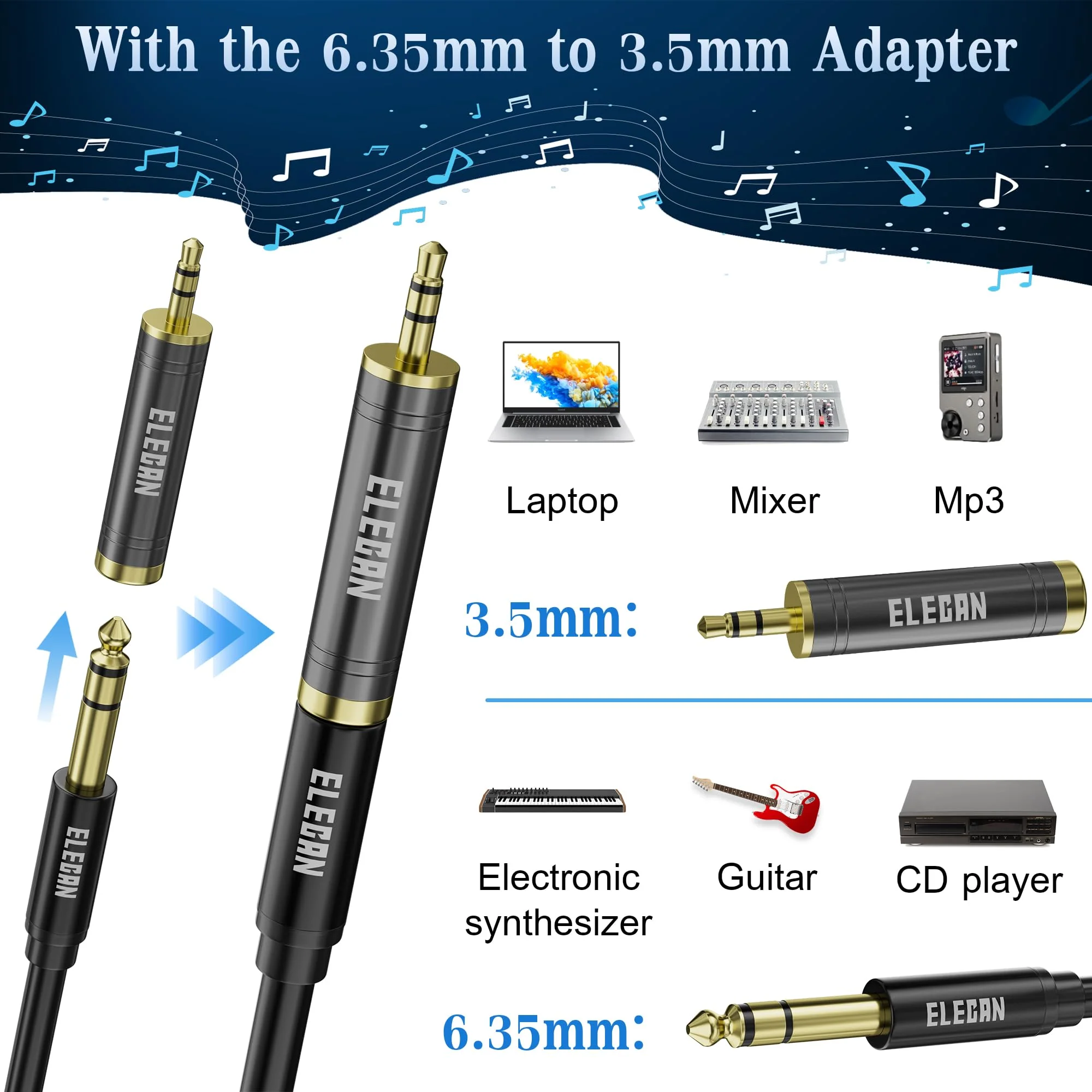 Elecan 6.35mm (1/4 Inch) TRS to XLR Cable 50 Ft Male to Male-Balanced Shielded 3 Pin XLR to 1/4 Quarter inch Cord, Profesional/HiFi Stereo Guitar Cable with 6.35 mm to 3.5 mm Aadpter+Ties 50FT 6.35mm to XLR Male - Image 2