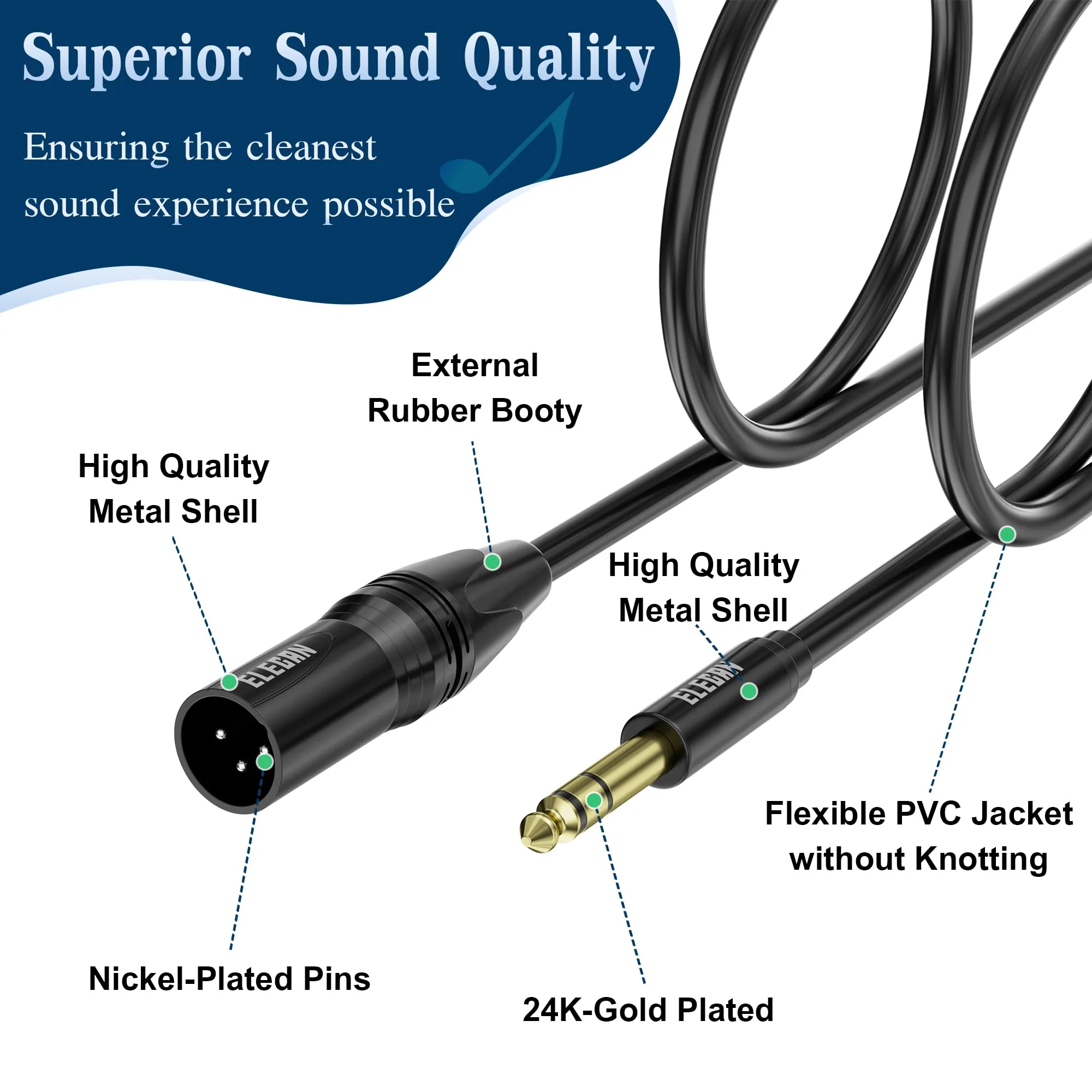 Elecan 6.35mm (1/4 Inch) TRS to XLR Cable 50 Ft Male to Male-Balanced Shielded 3 Pin XLR to 1/4 Quarter inch Cord, Profesional/HiFi Stereo Guitar Cable with 6.35 mm to 3.5 mm Aadpter+Ties 50FT 6.35mm to XLR Male - Image 5