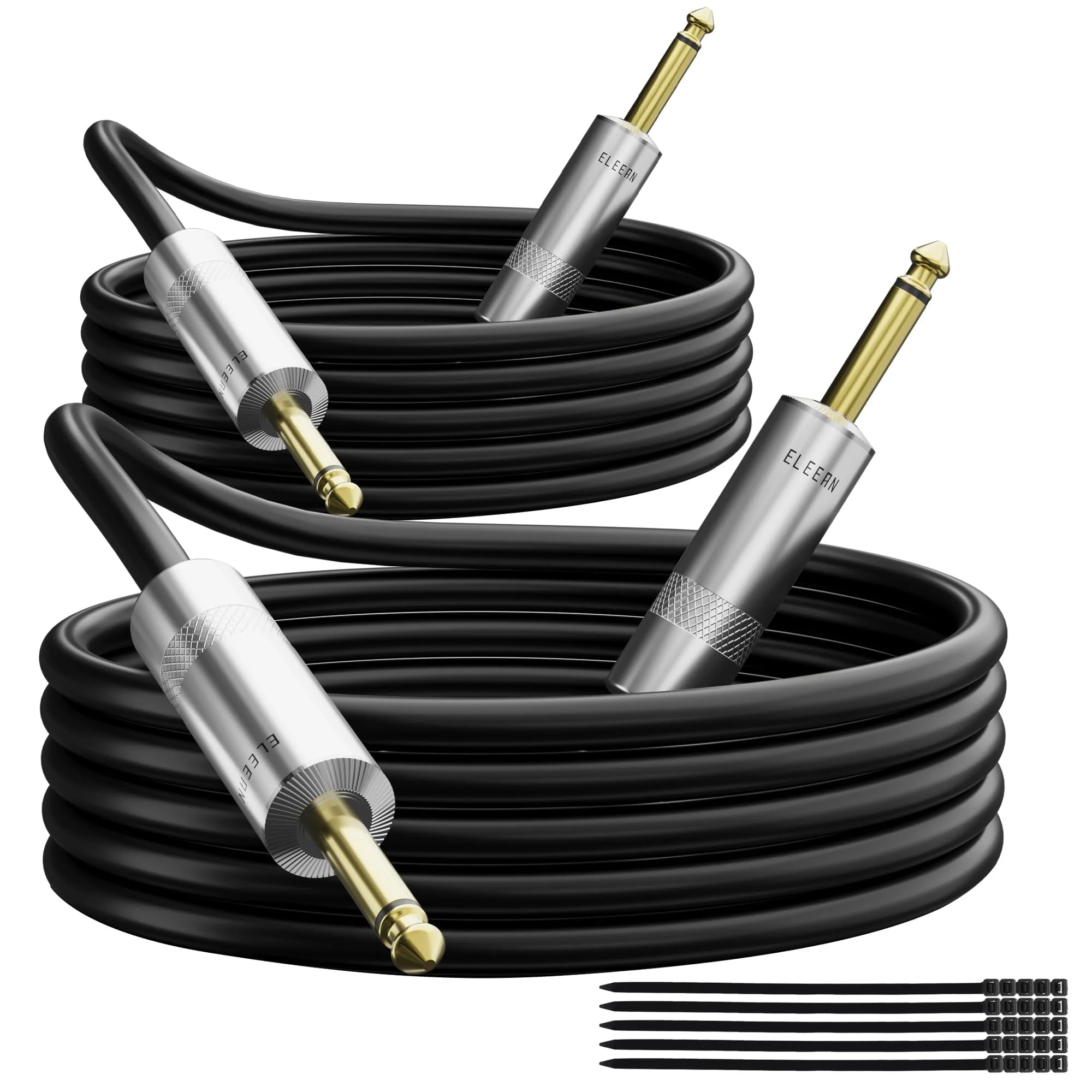 Elecan Premium 6.35mm Guitar Cable 30 Ft/2 Pack, 1/4 Inch TS to 1/4 Instrument Cable, Mono Jack 12 AWG Unbalanced Bass AMP Cord Male to Male for Electric Guitar, Bass, Keyboard,Pro Audio-OD 9.5MM+Ties 30FT-2PK