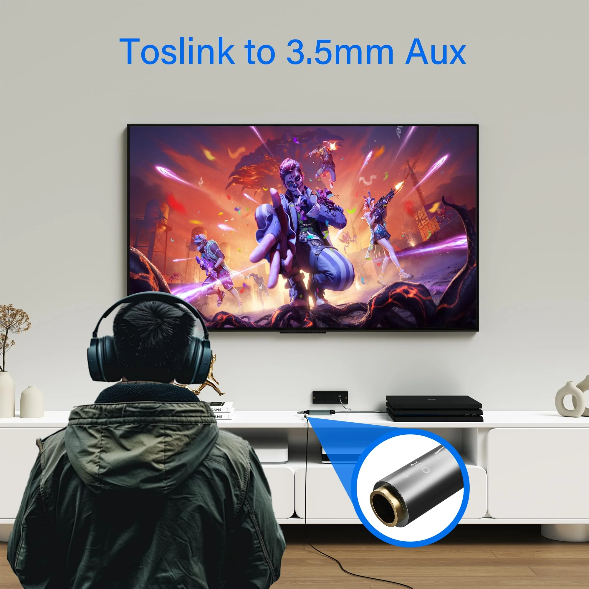 Elecan Unidirectional Optical Male to 3.5mm AUX Female Audio Converter Cable 6.6 Ft, 192kHz DAC SPDIF/Toslink Digital to Analog Adapter for TV/PS4/DVD to Sound Bar Headphone+Ties &AUX to 2 RCA Adapter 6.6FT - Image 4