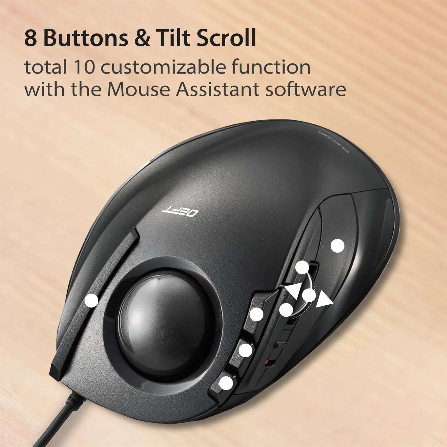 ELECOM DEFT Trackball Mouse, Wired, Finger Control, 8-Button Function with Smooth Tracking, Ergonomic Design, Windows11, macOS (M-DT2URBK) Black / Black ball - Image 5