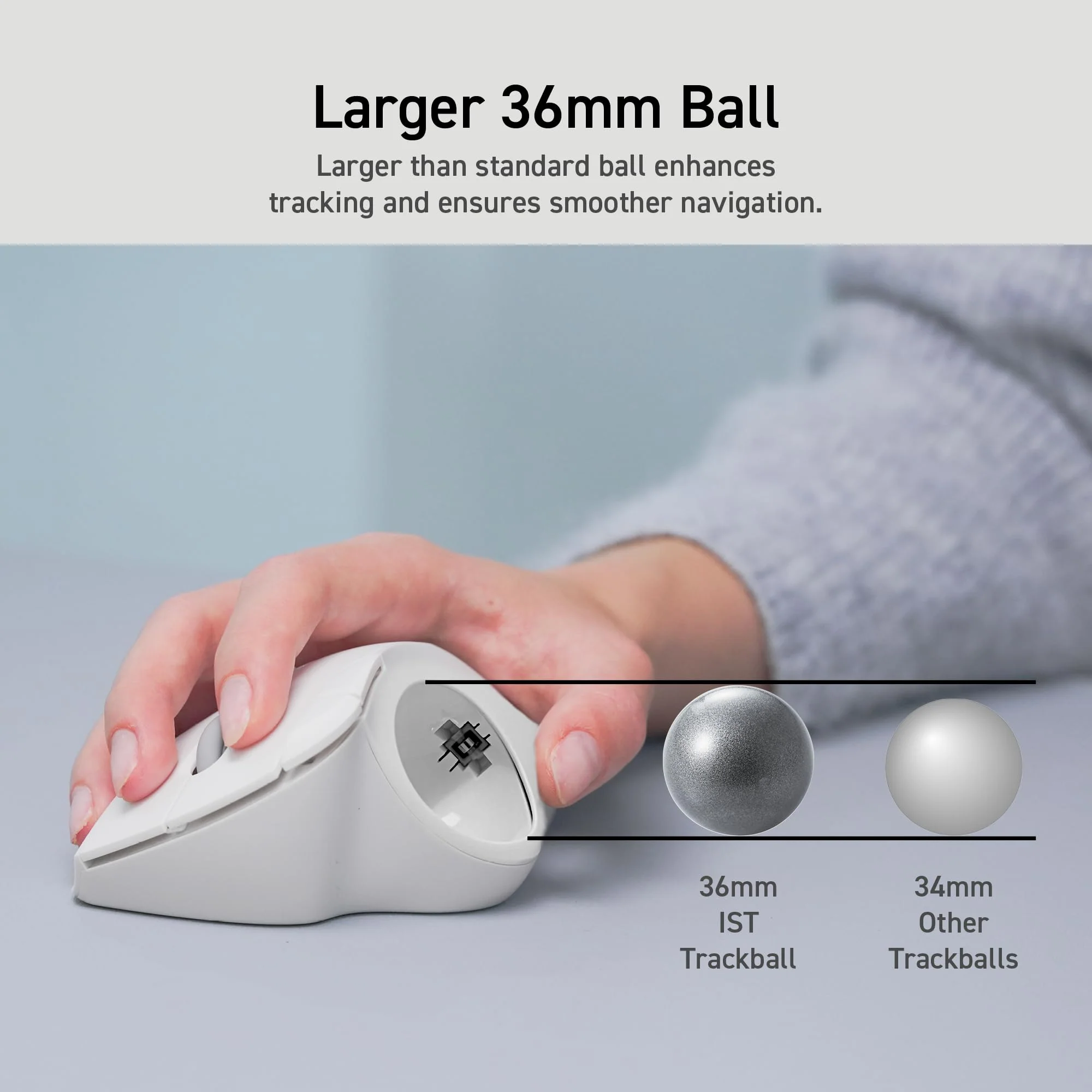 ELECOM Ergonomic Comfort Design Trackball IST Wireless 2.4GHz Connect, Super-Smooth Tracking with Roller Ball Bearing, 36mm Ball, Thumb Control, Compatible for Windows, PC, and Mac White (M-IT11DRWH) USB-Wireless - Image 7