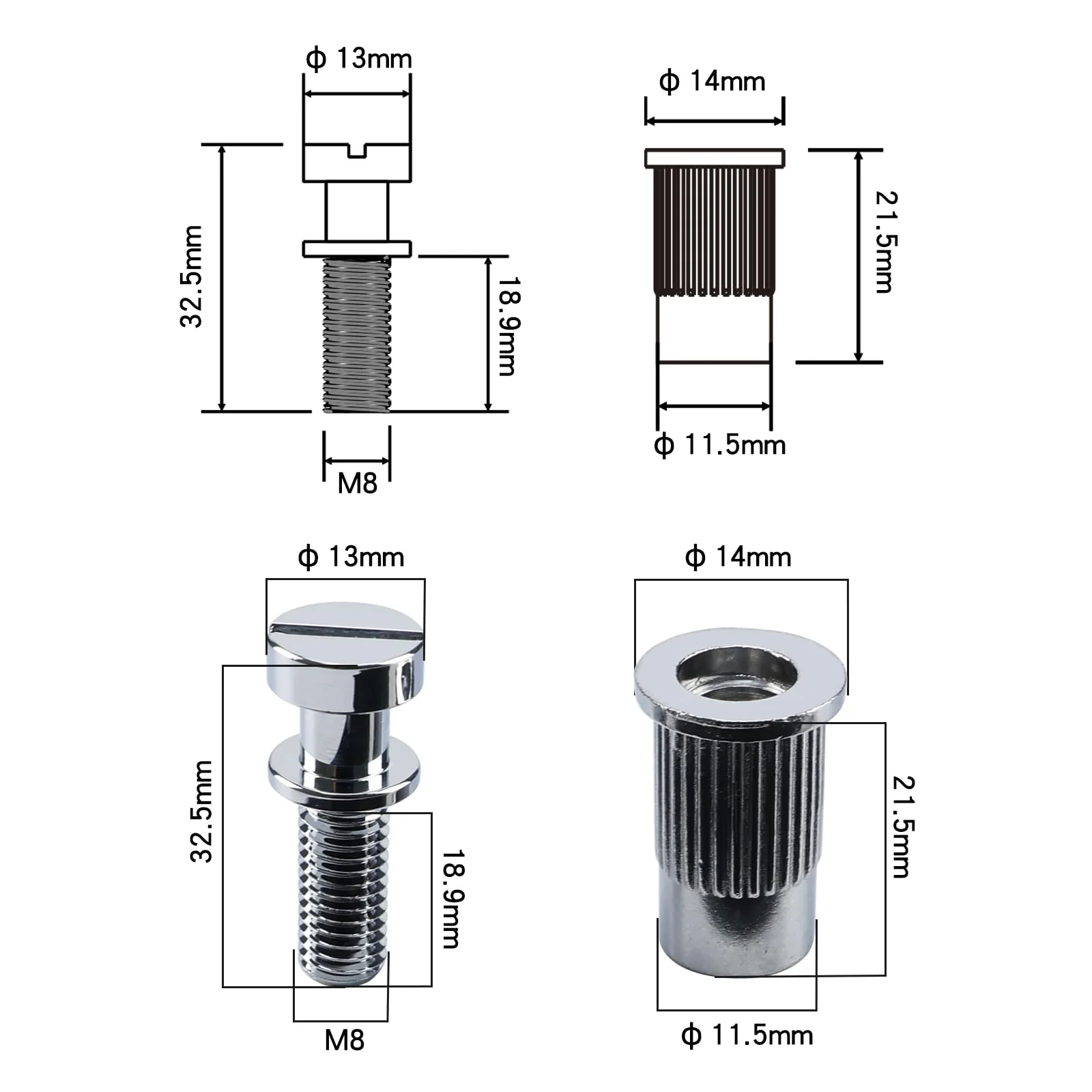 Electric Guitar Bridge Tailpiece Studs Anchors M8 Metric Thread Mounting Studs and Inserts Bushings Compatible with Les Paul Lp Ep Style Electric Guitar Bridges Parts Replacement Chrome - Image 6
