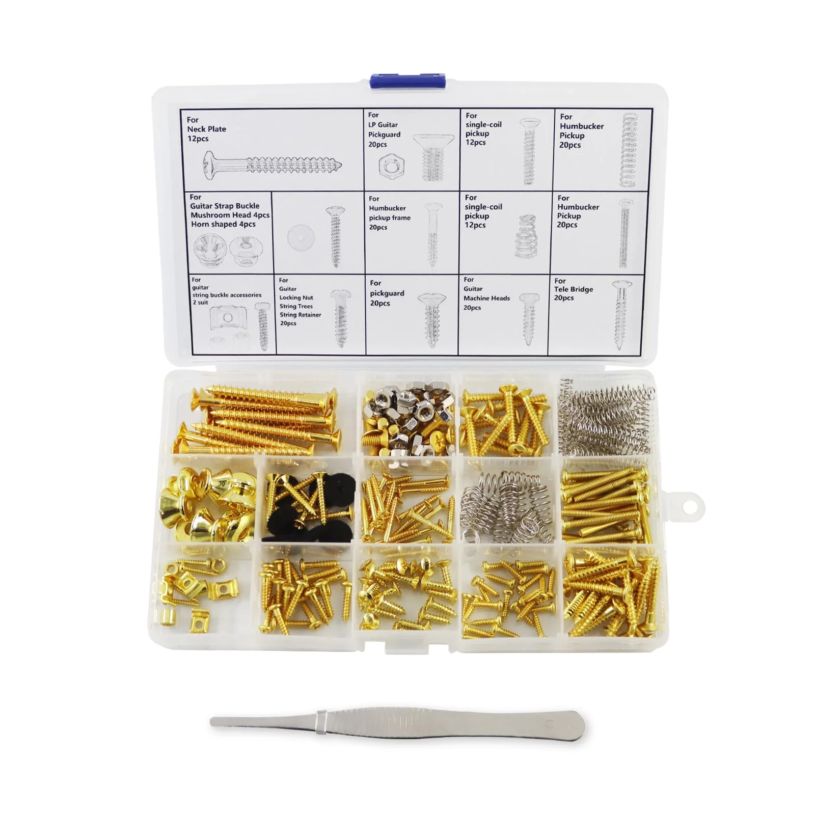 Electric Guitar Screw Set, Suitable for Bridges, Pickups, Pickguards, Tuners, Toggle Switches, and Neck Plates. This 233-Piece DIY Tool Kit Includes Tweezers and Strap Buttons, Gold Golden