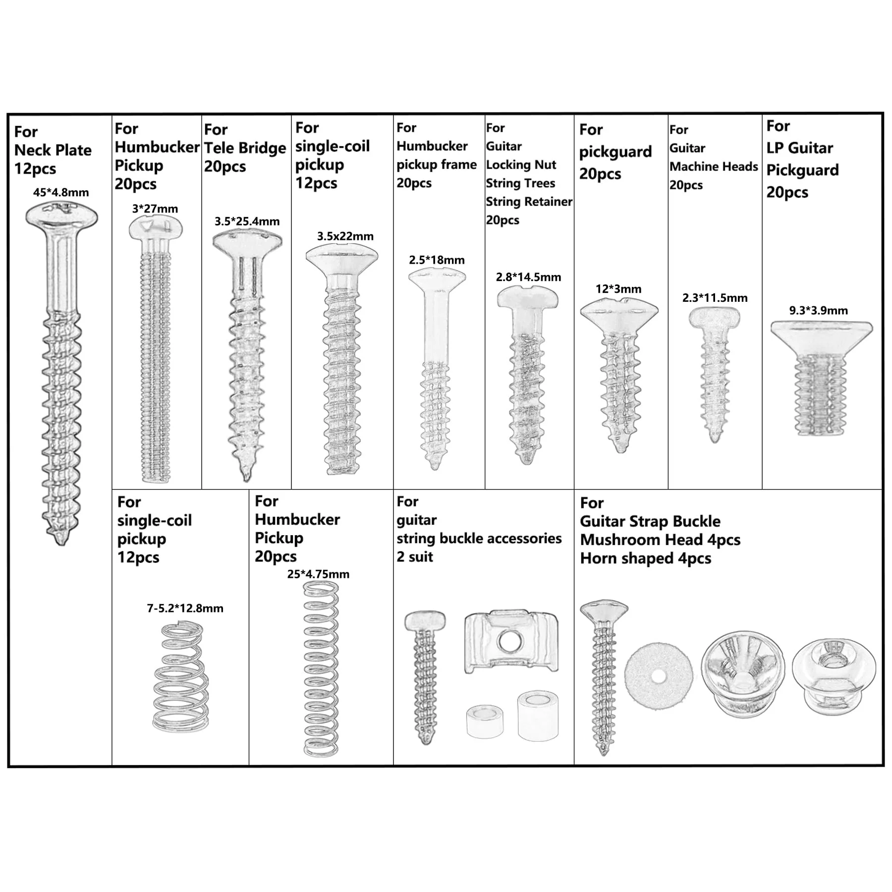 Electric Guitar Screw Set, Suitable for Bridges, Pickups, Pickguards, Tuners, Toggle Switches, and Neck Plates. This 233-Piece DIY Tool Kit Includes Tweezers and Strap Buttons, Gold Golden - Image 4