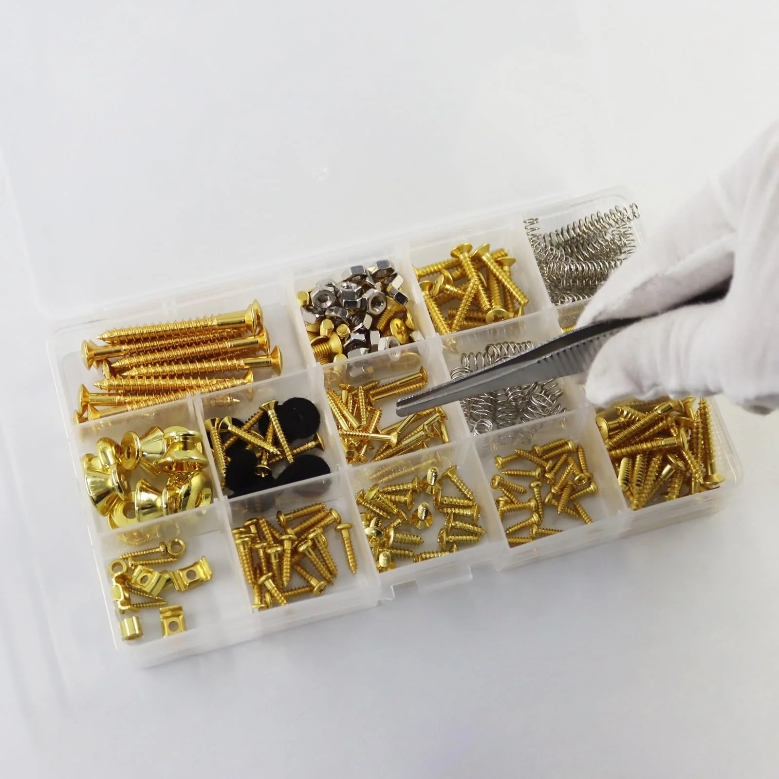 Electric Guitar Screw Set, Suitable for Bridges, Pickups, Pickguards, Tuners, Toggle Switches, and Neck Plates. This 233-Piece DIY Tool Kit Includes Tweezers and Strap Buttons, Gold Golden - Image 6
