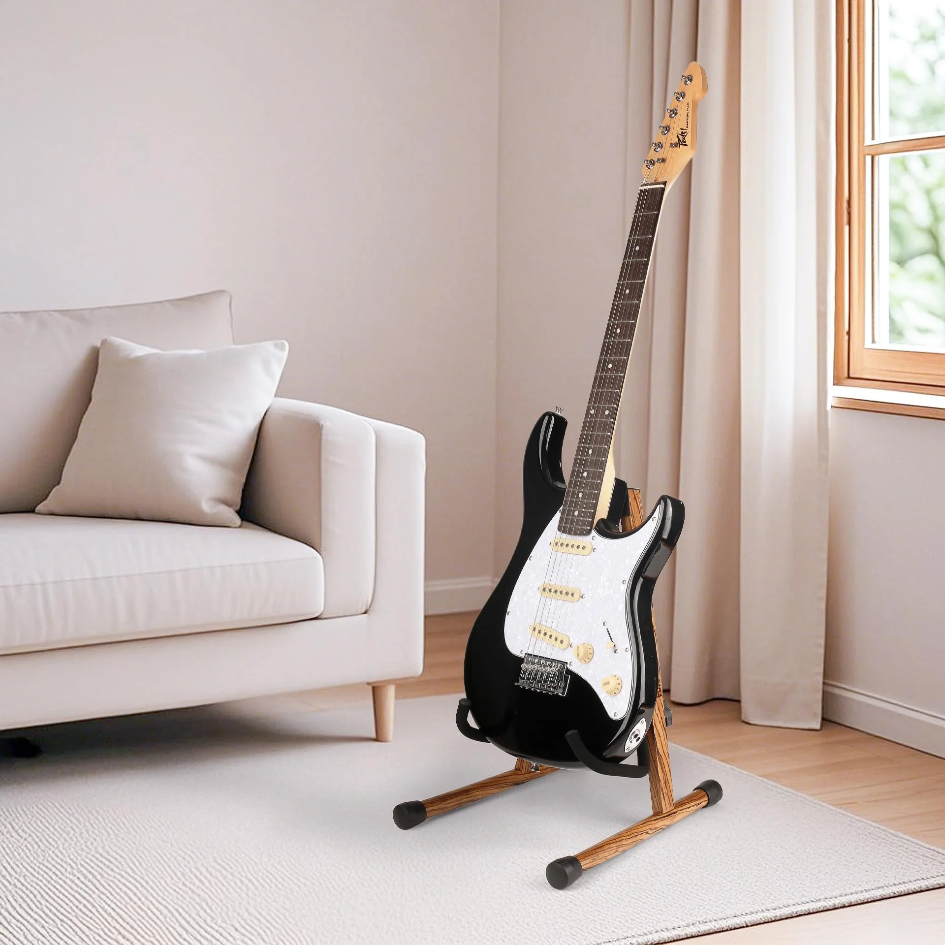 Electric Guitar Stand, Bass Guitar Stand, A Frame Wooden Floor Stand for Bass, Electric Guitar with Soft foam and Non-slip Base Rubber, Electric Guitar Bass Stand for Studio, Living Room, Zebrawood Electric Guitar & Bass - Image 5