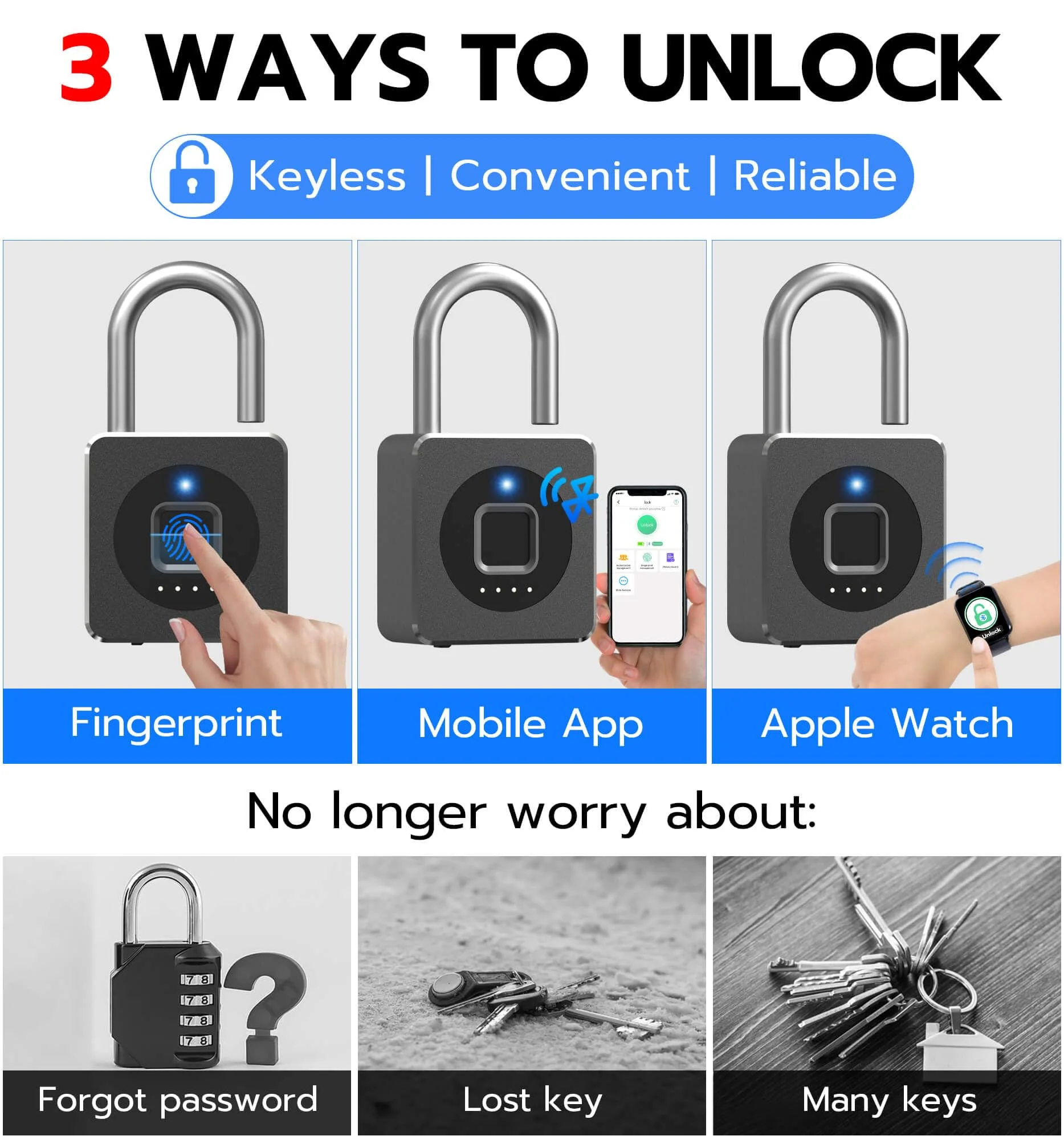 eLinkSmart Fingerprint Gym Locker Lock, Keyless Biometric Padlock, Weatherproof Electronic Digital Bluetooth App Smart Combo Pad Lock for Outdoor Fence Gate School Locker Storage Pool Shed - Black - Image 2