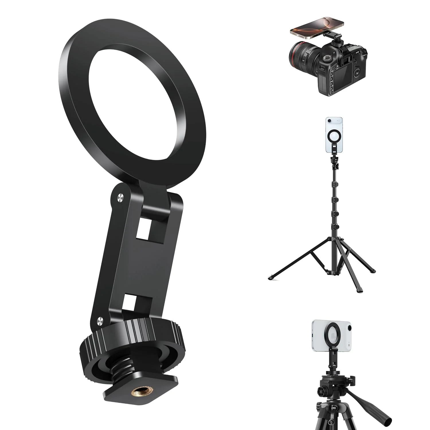 elitehood Magsafe Tripod Mount Adapter with 1/4” Screw & Hot Shoe, Lightweight Compact Cell Phone Tripod Mount for Camera, iPhone Camera Holder with Dual Hinges for iPhone 17 16 15 14 13 Series
