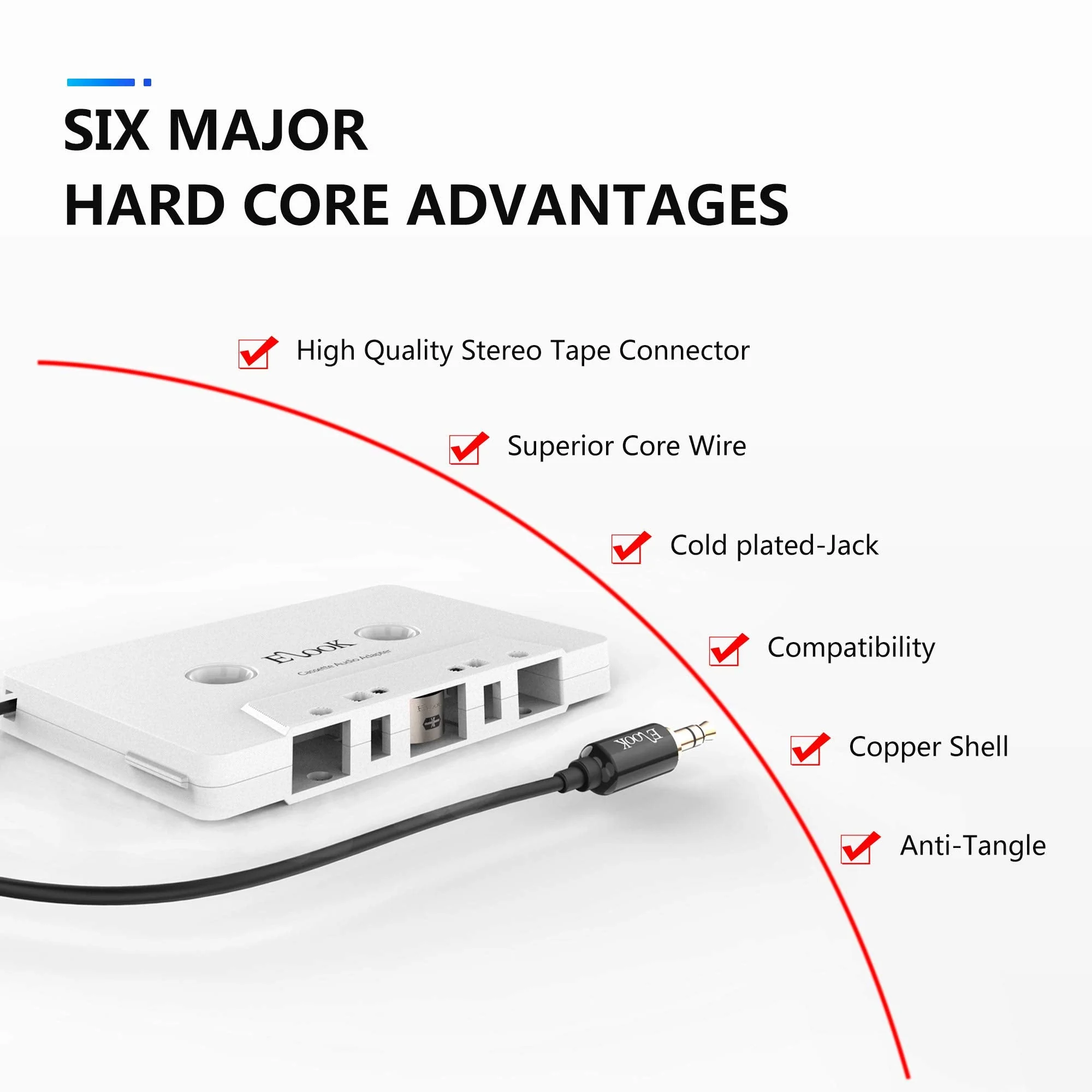 Elook Car Cassette Aux Adapter, 3.5mm Universal Audio Cable Tape Adapter for Car, Phone, MP3 ect. White - Image 4