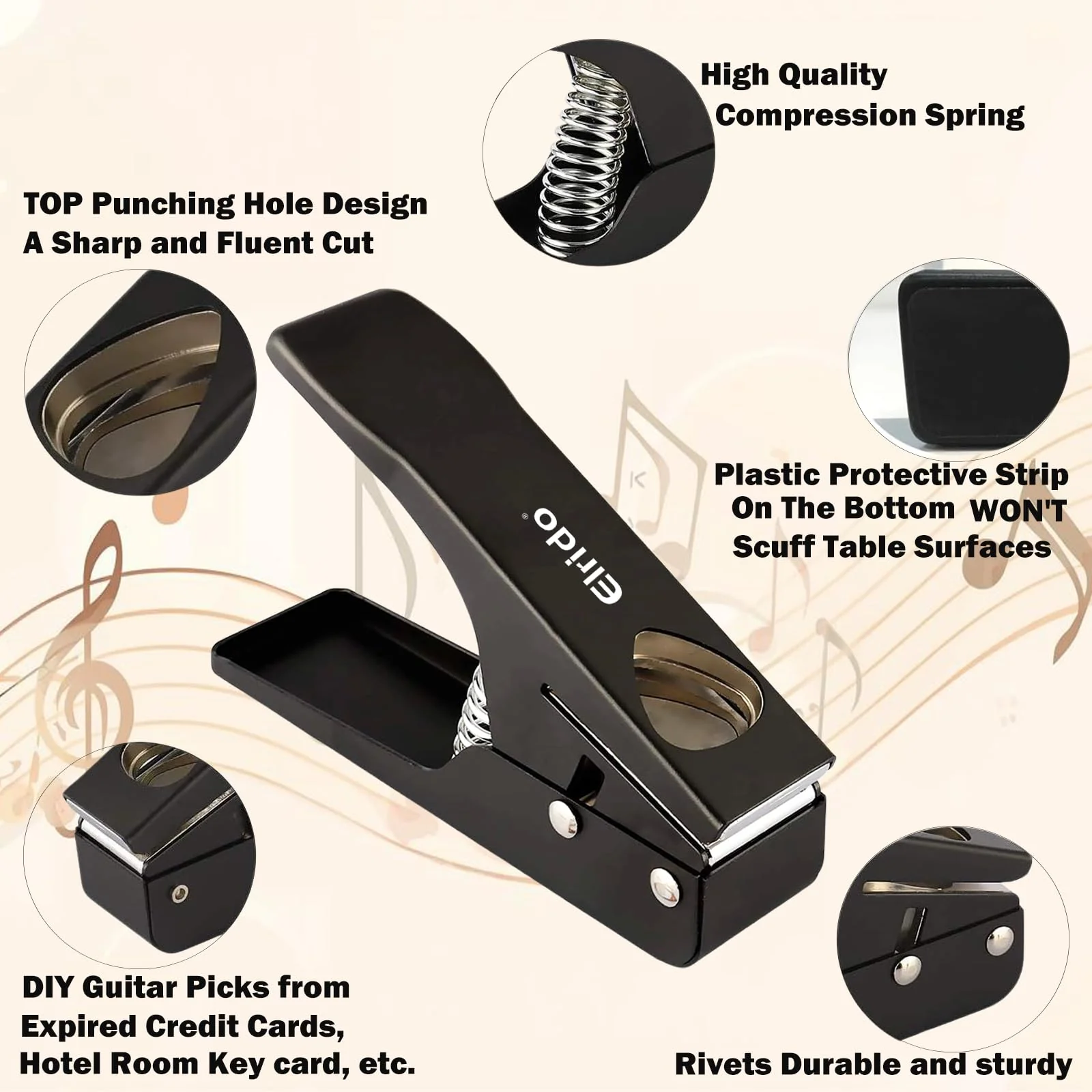 Elrido Guitar Pick Punch Tool Kit - DIY Custom Guitar Picks Maker with Leather Keychain Picks Holder & 2 Pick Strips, Create Endless Unique Picks - Make Picks, Gift for Guitarists & Musicians (Black) Black - Image 7