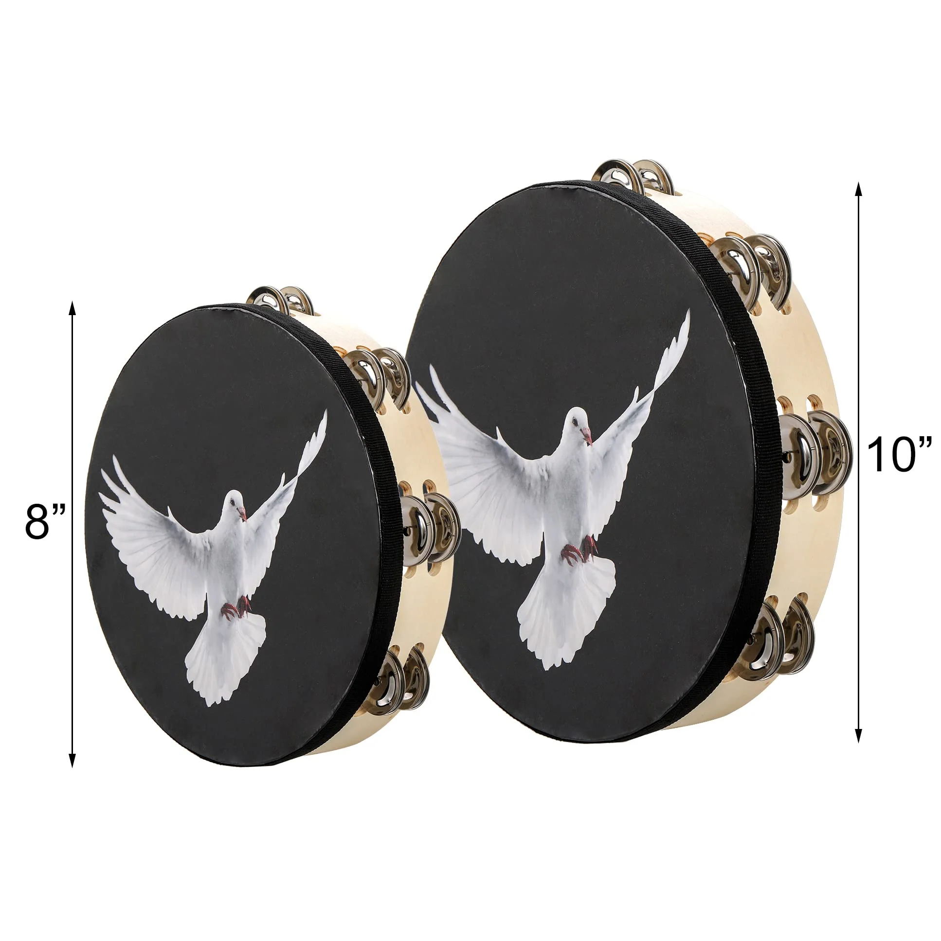 Elsjoy Set of 2 Tambourine, 10" and 8" Dove Church Tambourine with Double Row Jingle, Wooden Handbell Hand Clap Drum Percussion Instrument for Church, Black - Image 2