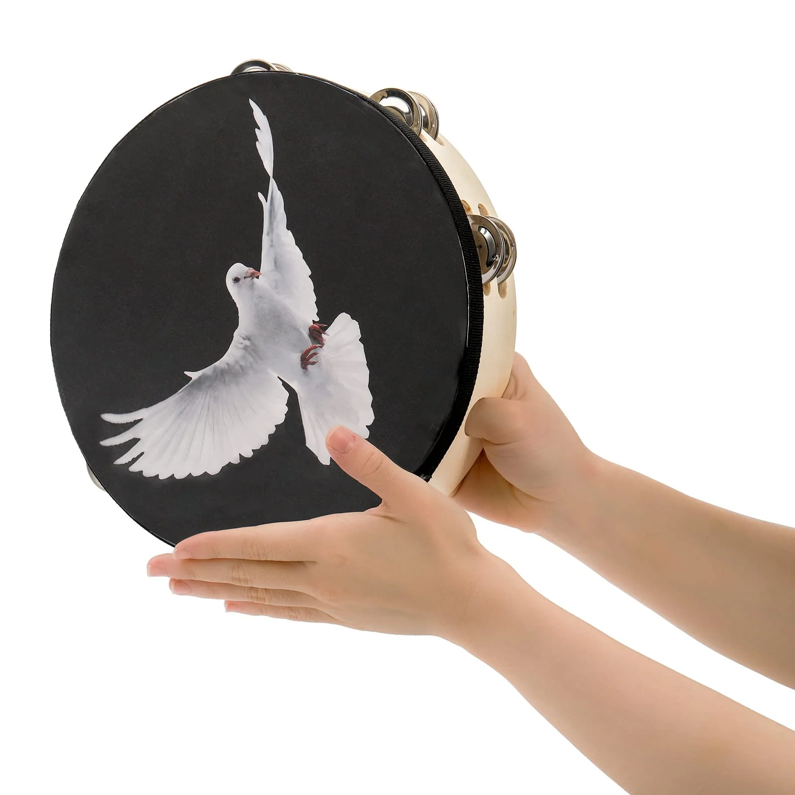 Elsjoy Set of 2 Tambourine, 10" and 8" Dove Church Tambourine with Double Row Jingle, Wooden Handbell Hand Clap Drum Percussion Instrument for Church, Black - Image 5