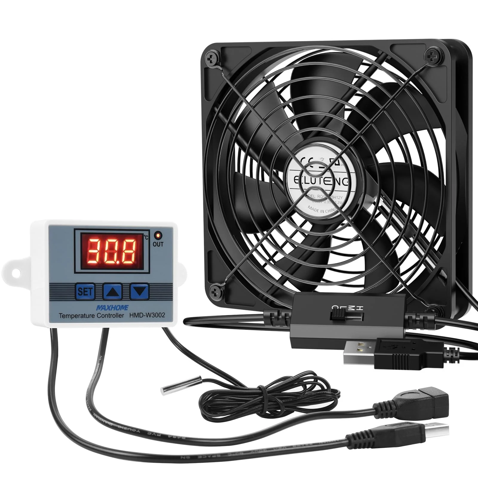 ELUTENG USB Fan 120 mm 5 V PC Fan Dual Ball Bearing with Digital Temperature Control, USB Fan 12 cm Case Fan with 3 Adjustable Speeds for PS5/Laptop/TV Box/AV Cabinet/Router 120mm Lüfter+Digitaler Temperaturregler