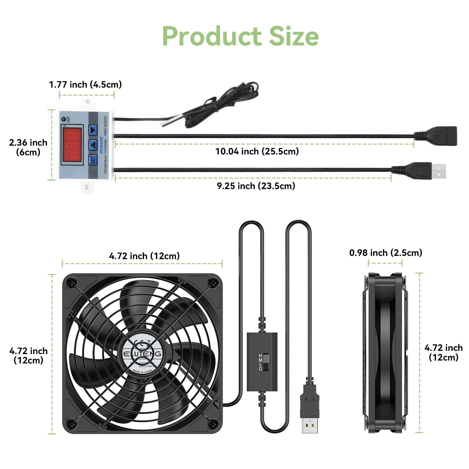 ELUTENG USB Fan 120 mm 5 V PC Fan Dual Ball Bearing with Digital Temperature Control, USB Fan 12 cm Case Fan with 3 Adjustable Speeds for PS5/Laptop/TV Box/AV Cabinet/Router 120mm Lüfter+Digitaler Temperaturregler - Image 2