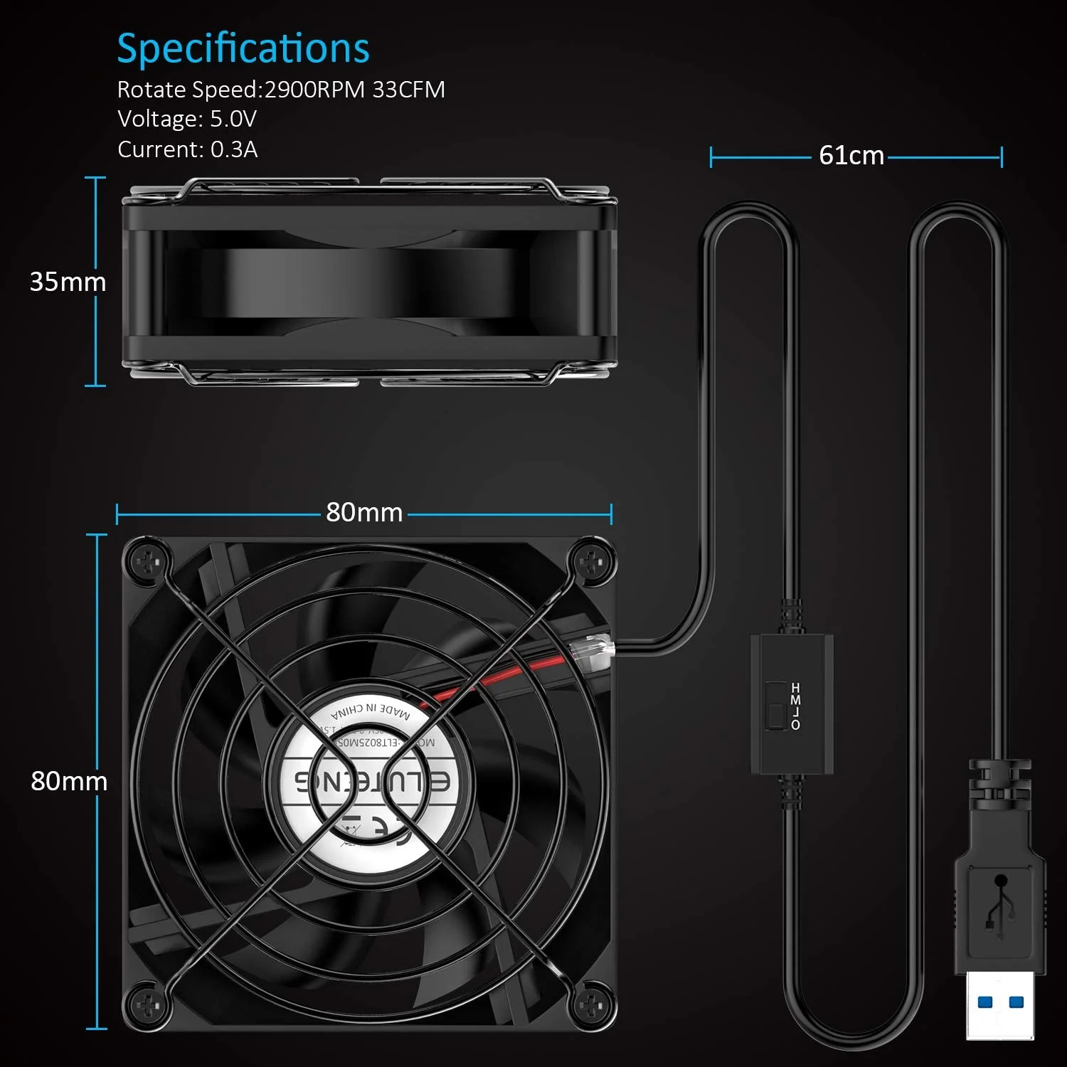 ELUTENG USB Fan 80mm, USB Computer Fan 5V Quite USB Ventilation Fan Compatible with 3 Speed Control for Receiver DVR Playstation Xbox Computer Cabinet Cooling 80 x 80 x 25mm 80mm USB Speed Fan - Image 7